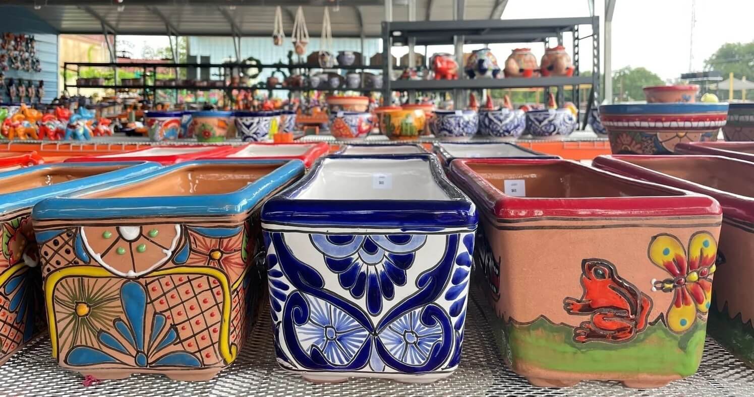 Colorful rectangular Talavera pottery with hand-painted floral designs