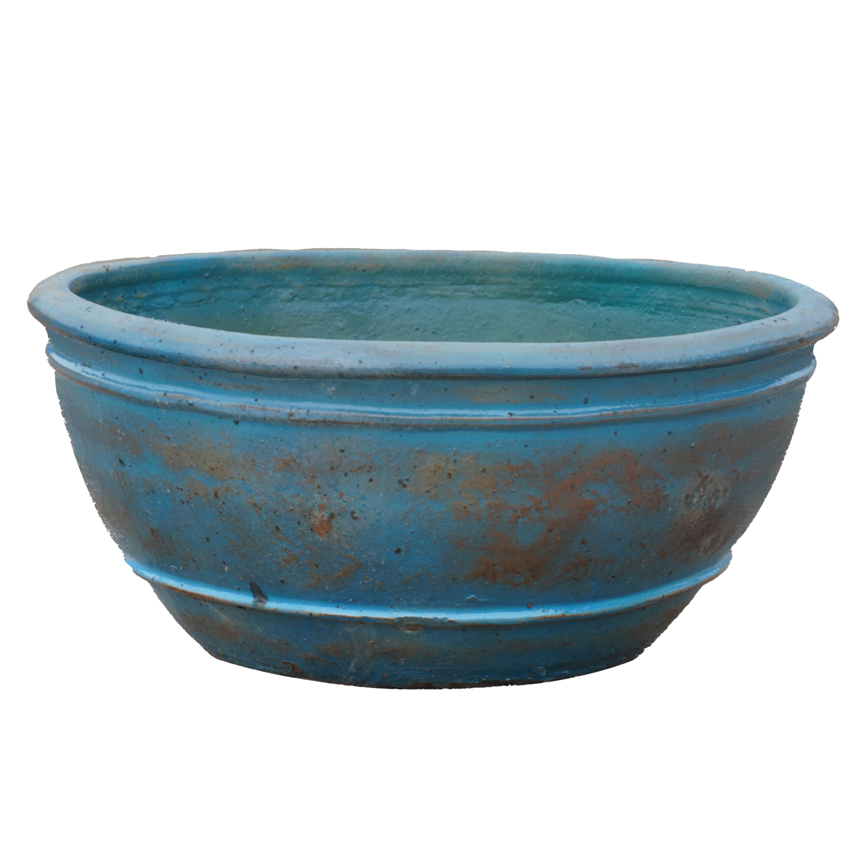 1-729R1FS - Antique Aqua Rustic Low Bowl Ceramic Planter -FREE SHIPPING