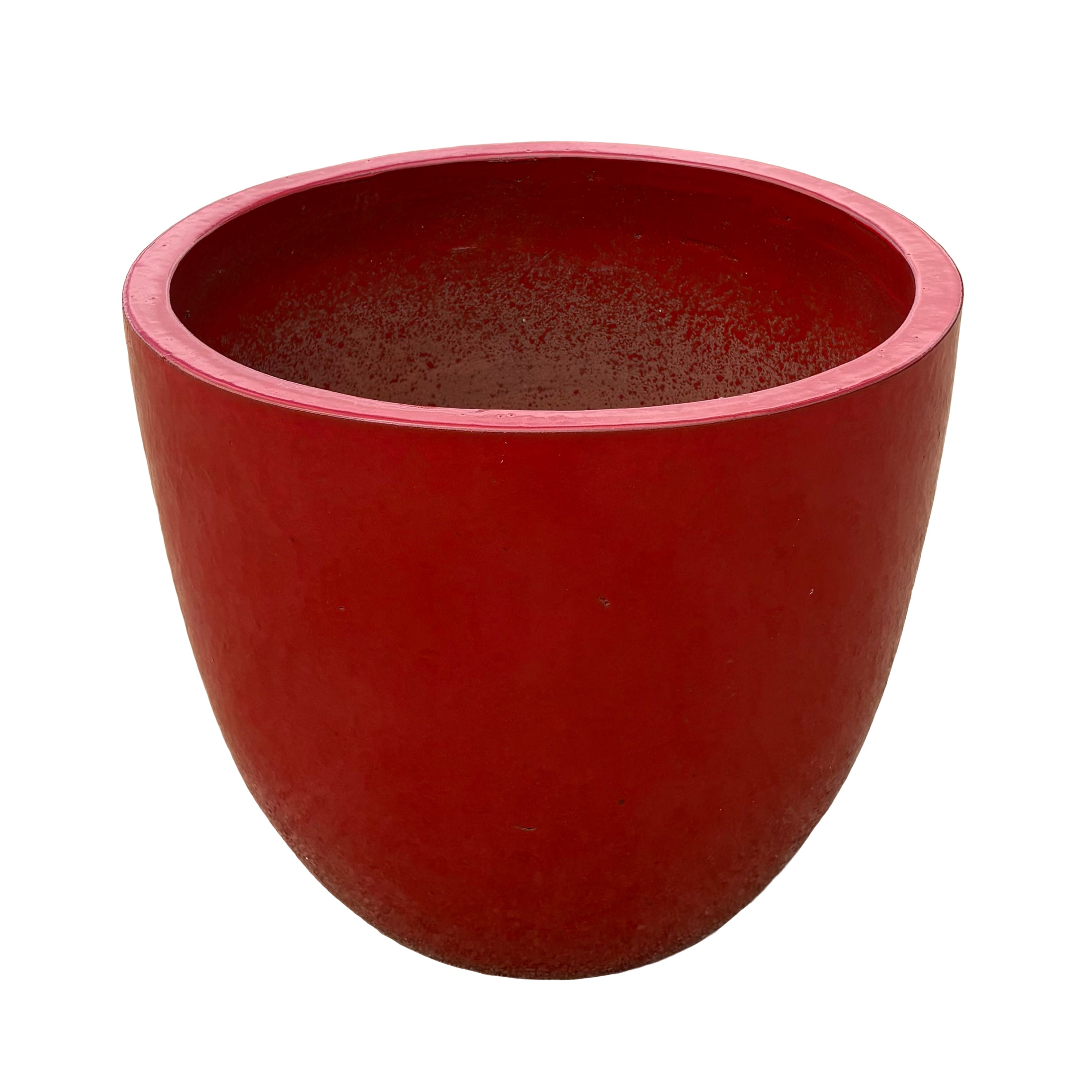 Bright red tapered round ceramic planter with a bold glazed finish shown from an angled perspective.