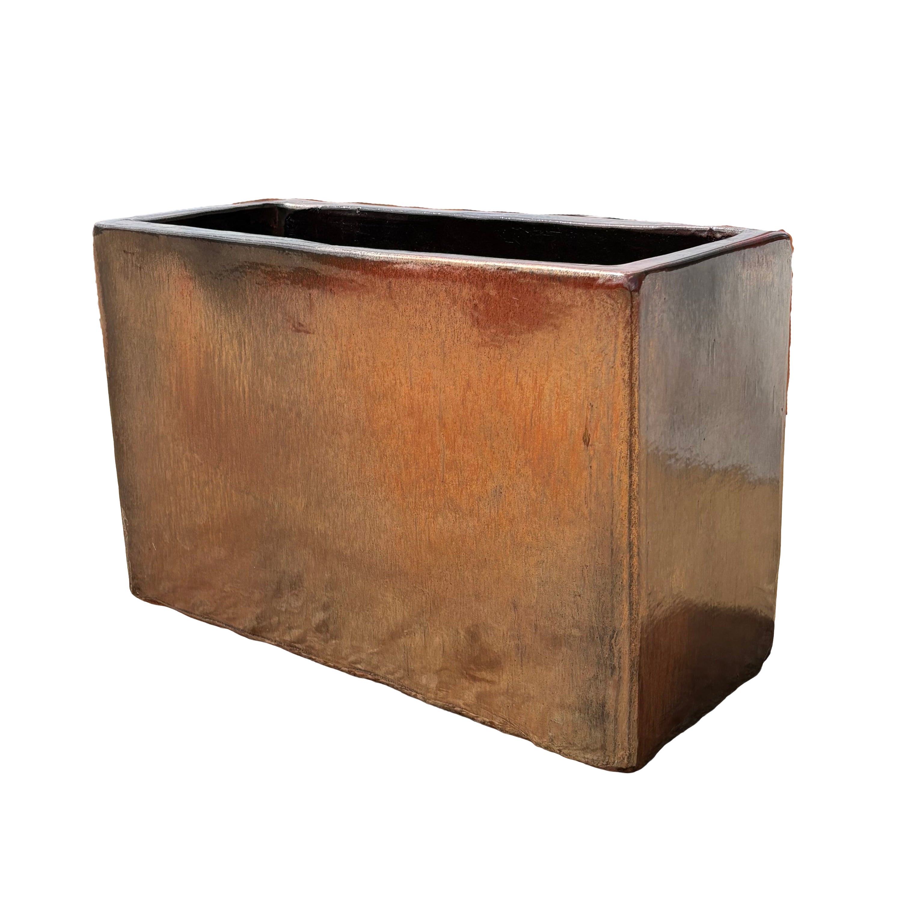 Oxide glazed rectangular ceramic planter shown from the side, highlighting its streamlined rectangular form and earthy finish.
