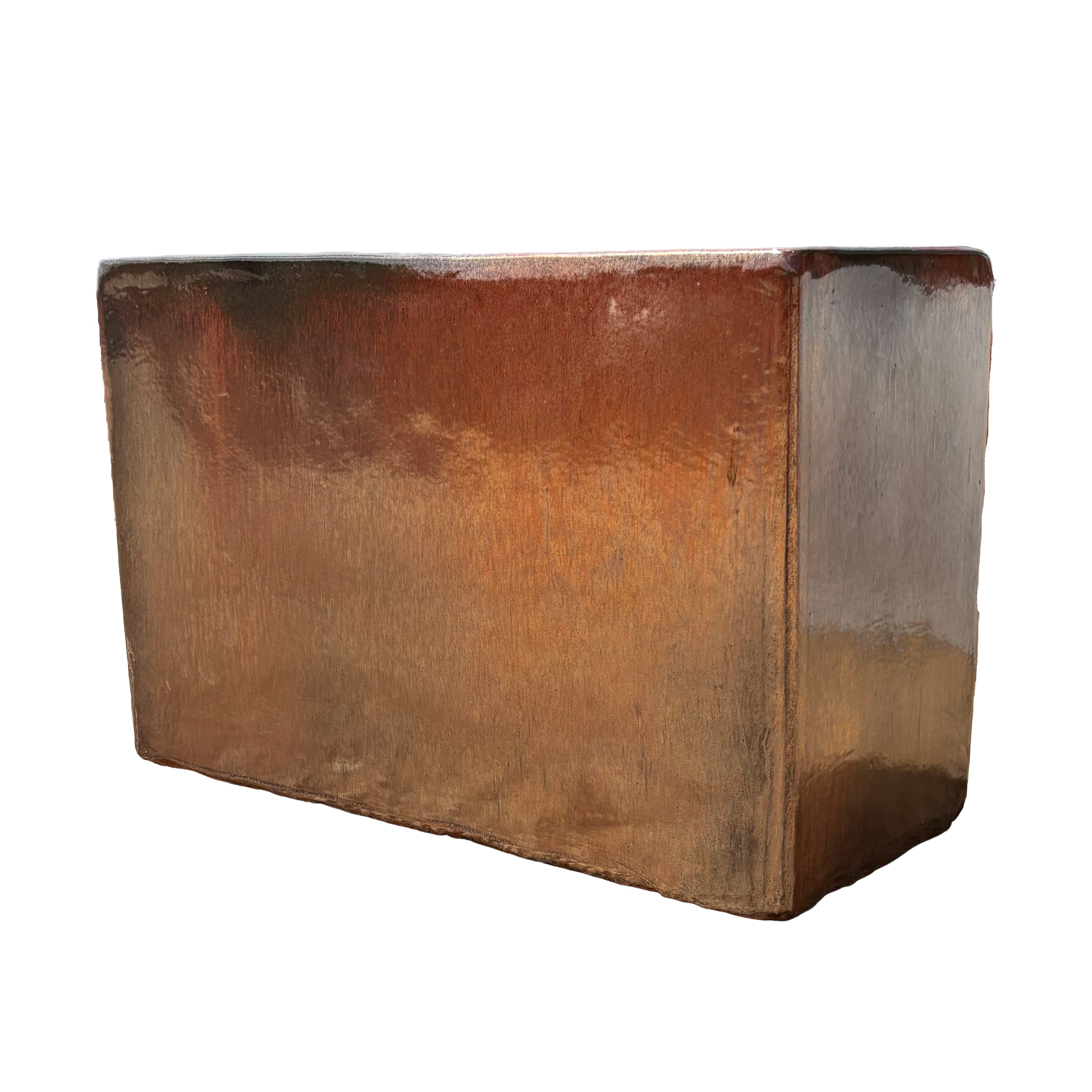 Oxide glazed rectangular ceramic planter shown from an angled side view, emphasizing its depth and natural glazed surface.