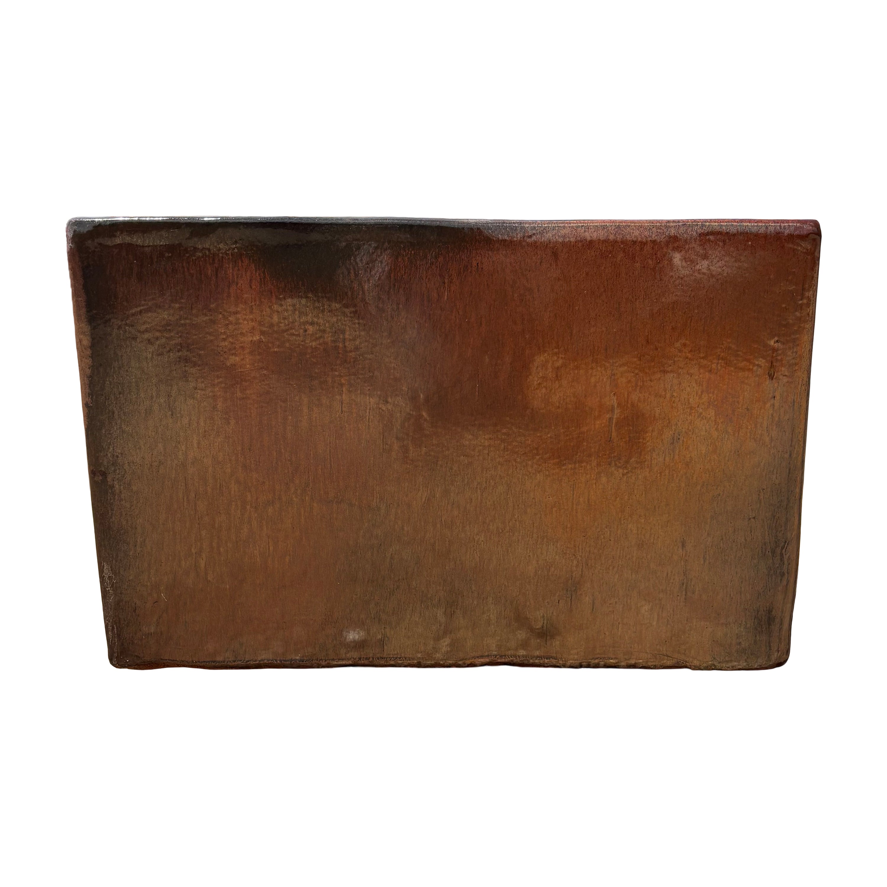 Oxide glazed rectangular ceramic planter shown from the front, featuring a clean rectangular silhouette and warm oxide glaze.
