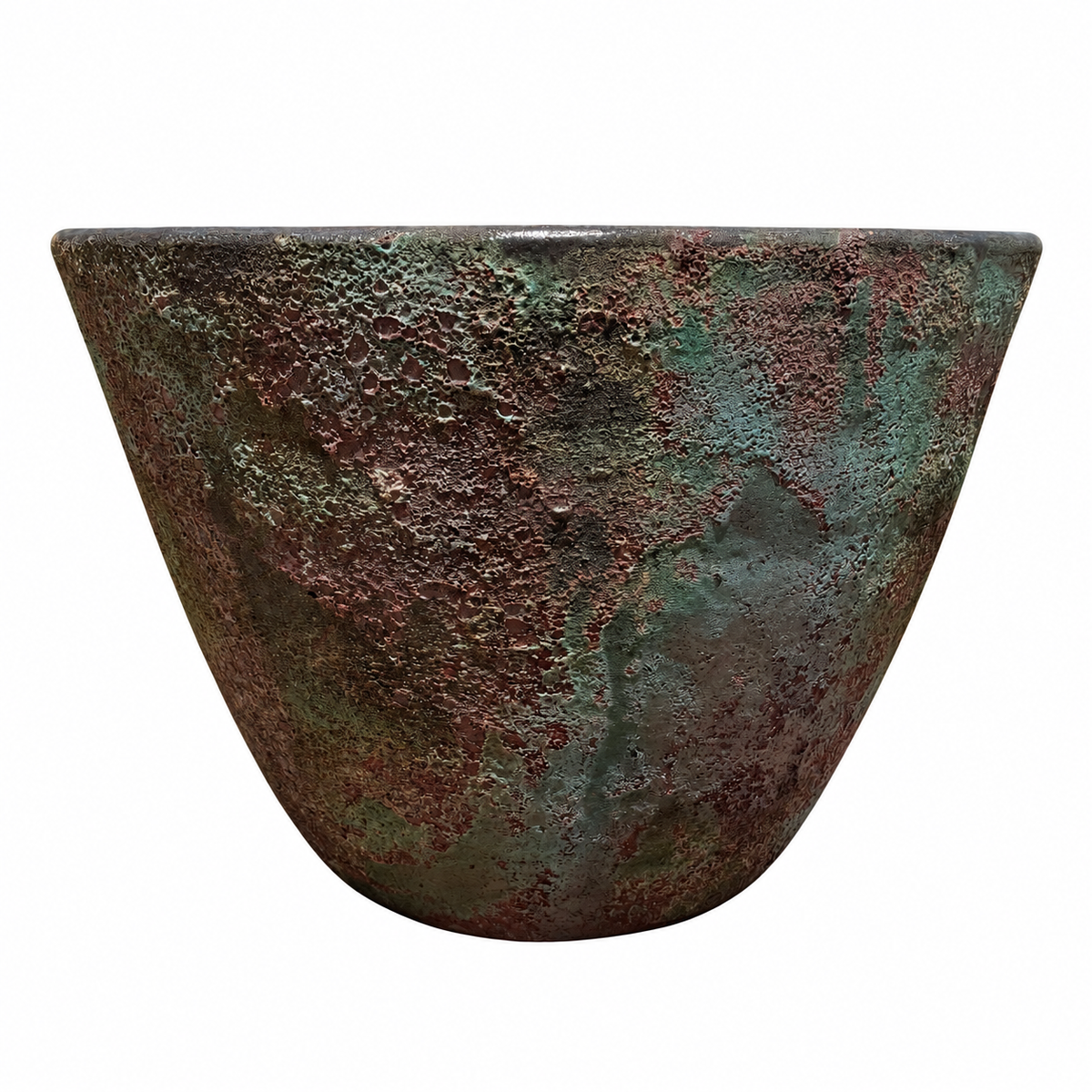 A rustic, wide-mouthed planter with a textured, distressed finish featuring a mix of dark green verdigris and reddish-brown patina, shown against a plain white background.