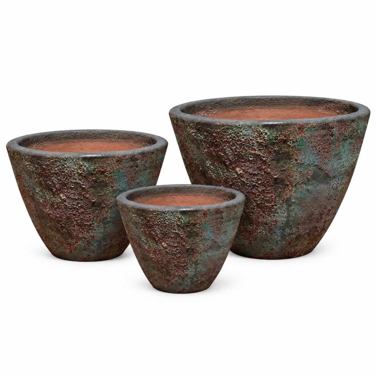 Three textured planter pot set, featuring a distressed metallic finish with bronze, brown, and green patina details, on a solid white background.