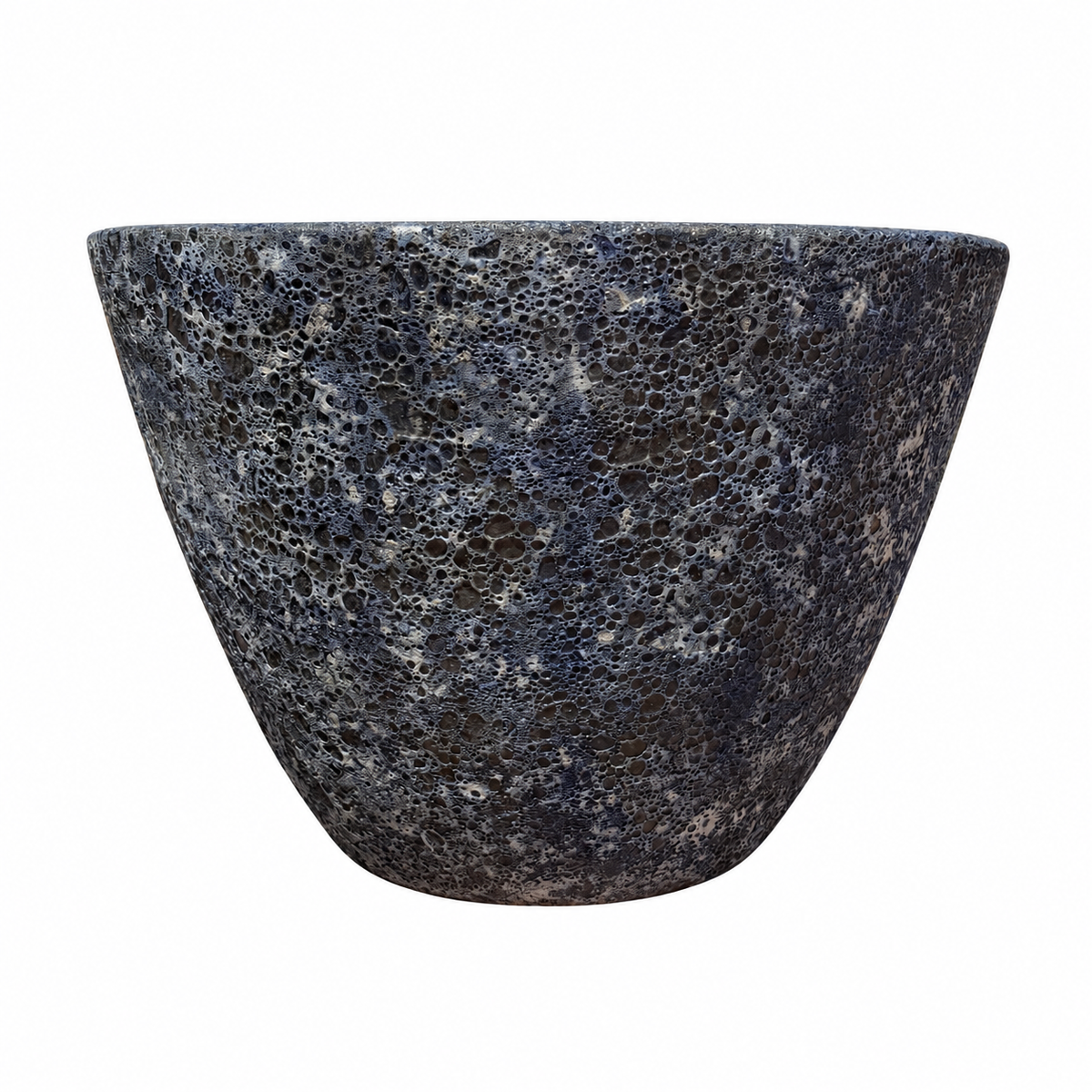 A wide, shallow conical planter with a mottled pattern of dark slate blue and light gray, shown against a plain white background.