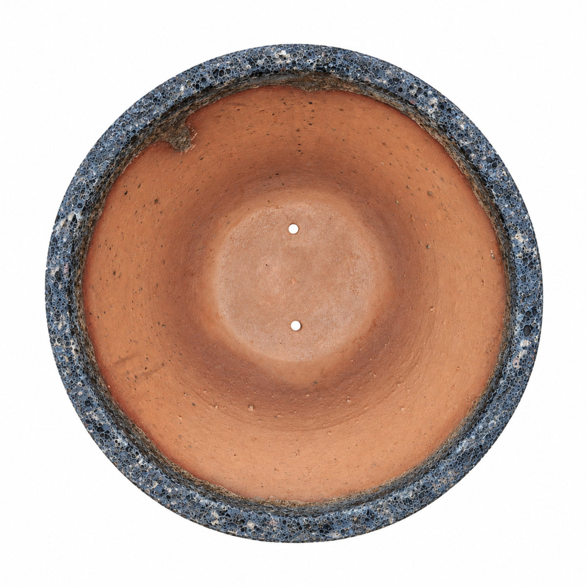 Top-down view of a round pot with a speckled blue rim, isolated on a white background.