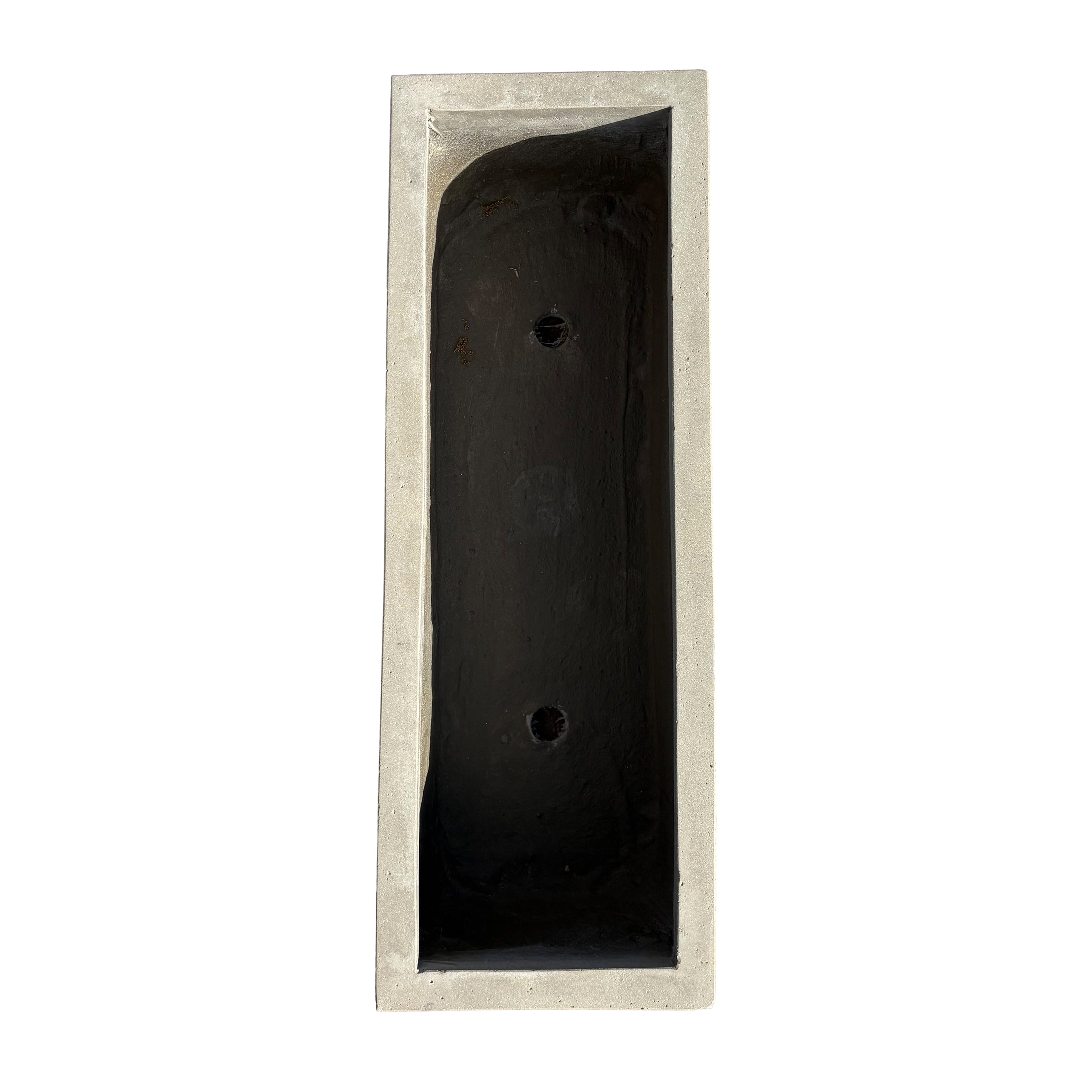 Front-facing view of low grey rectangular fiberstone planter, highlighting its minimalist low-profile design and smooth white surface.
