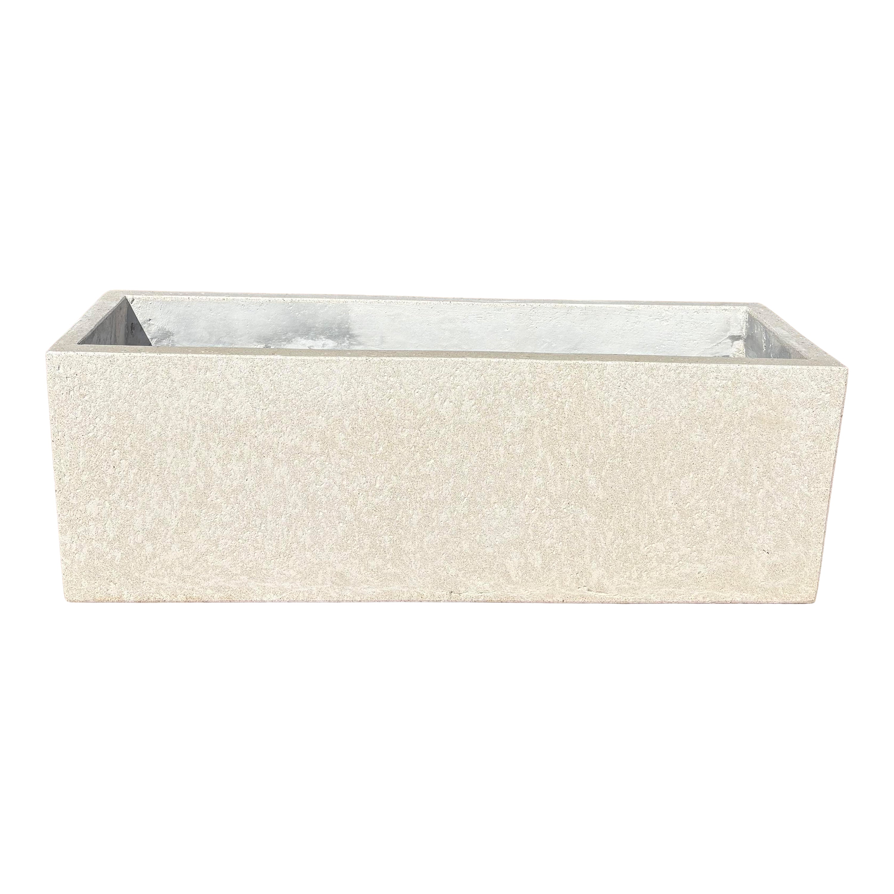 Low white rectangular fiberstone planter shown from the front with a slight top angle, highlighting its low-profile rectangular form and clean stone-look finish.