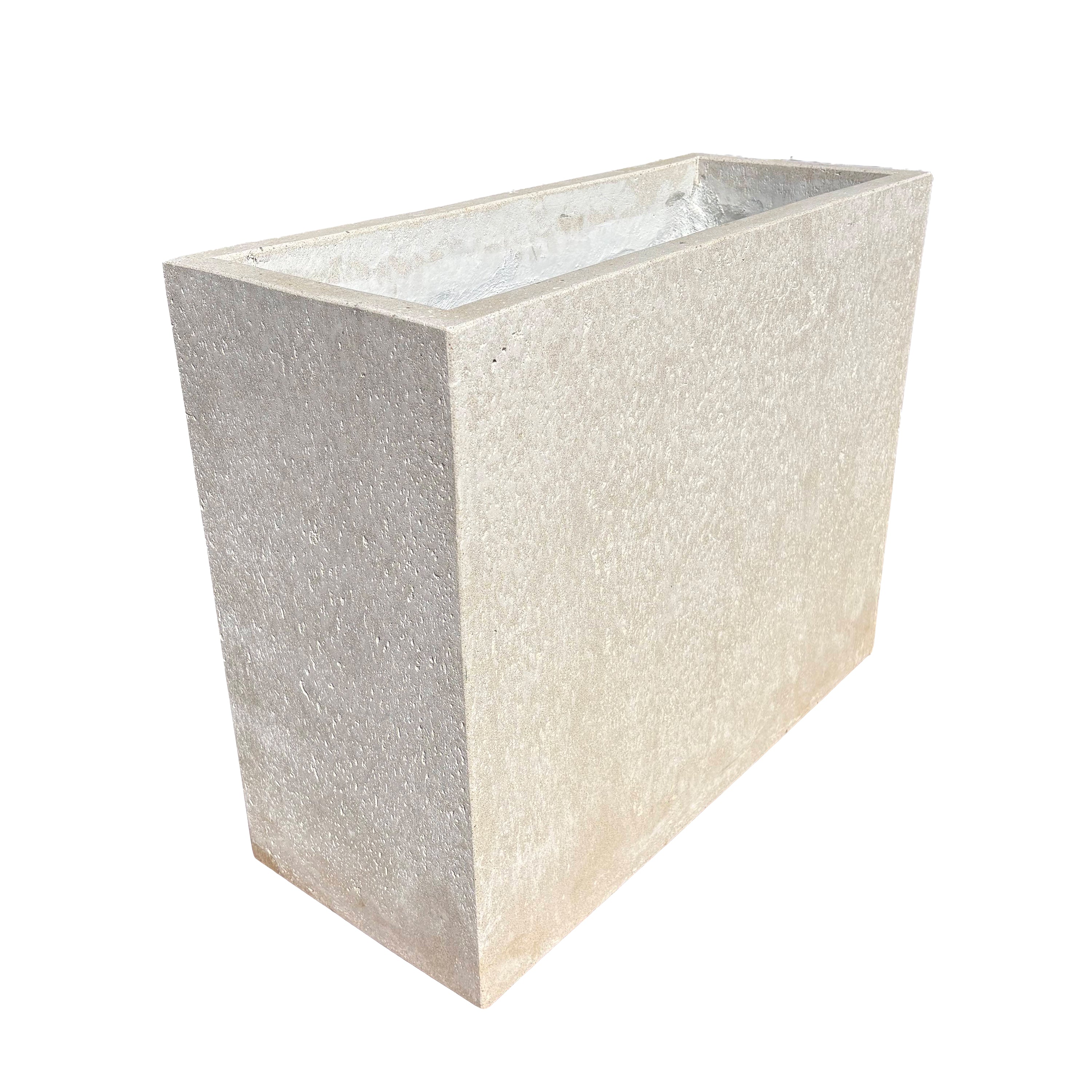 24-inch tall white rectangular fiberstone planter with a modern stone-look finish, shown at an angle highlighting its clean lines and depth.