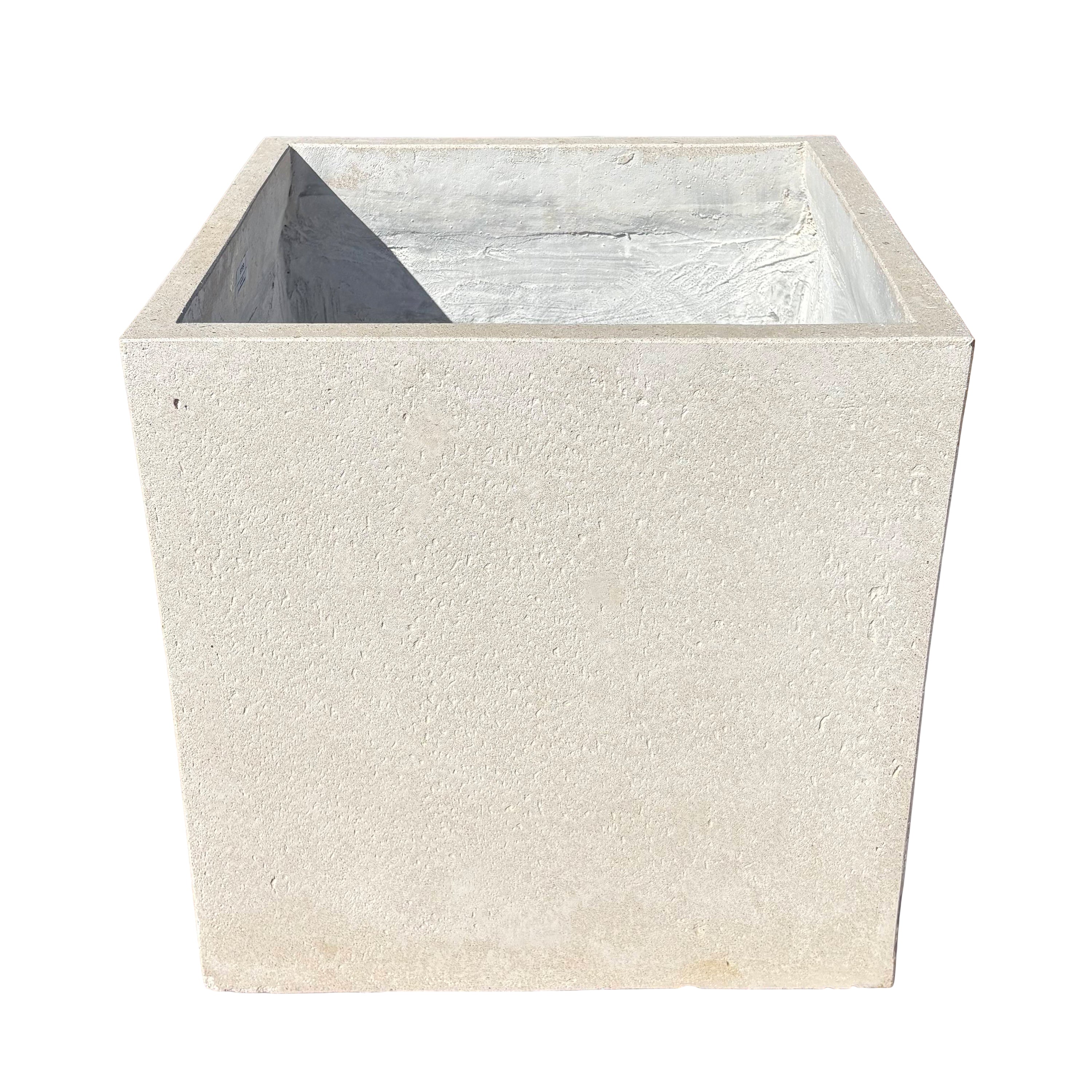 Grey cube fiberstone planter shown from the front with a slight top angle, highlighting its clean cube shape and modern stone-look finish.