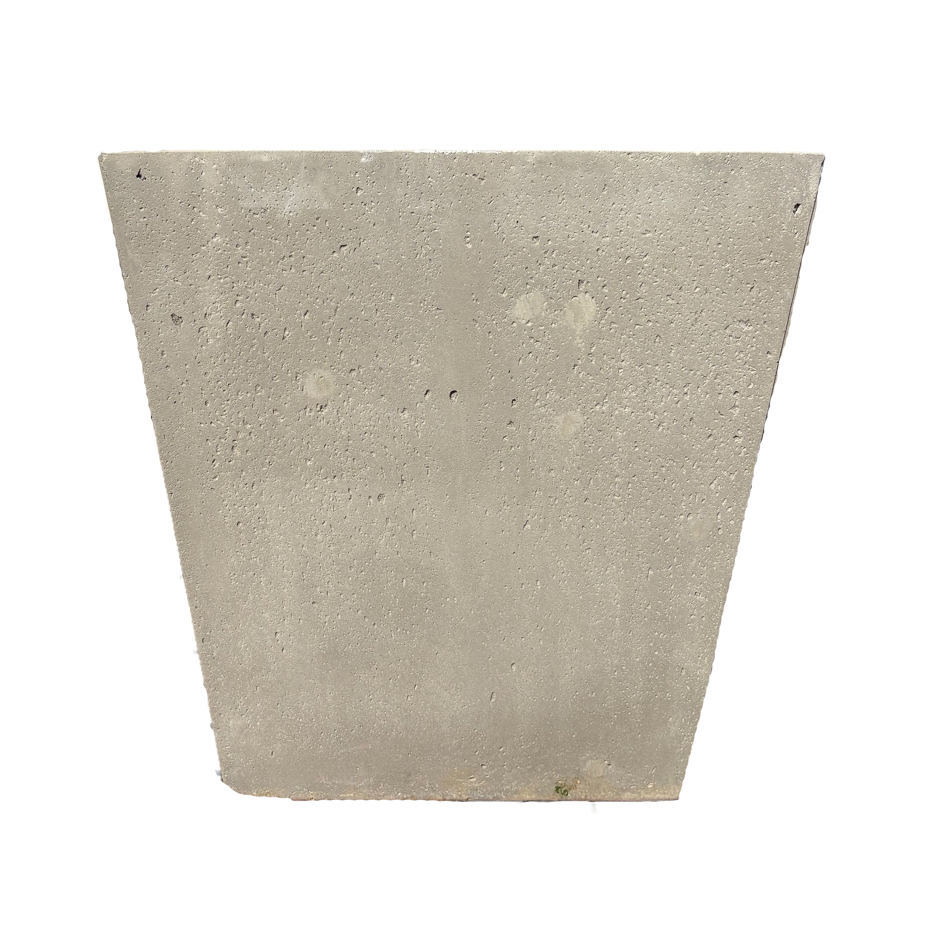 Front-facing view of grey tapered square fiberstone planter, showcasing its structured shape and smooth, modern surface.
