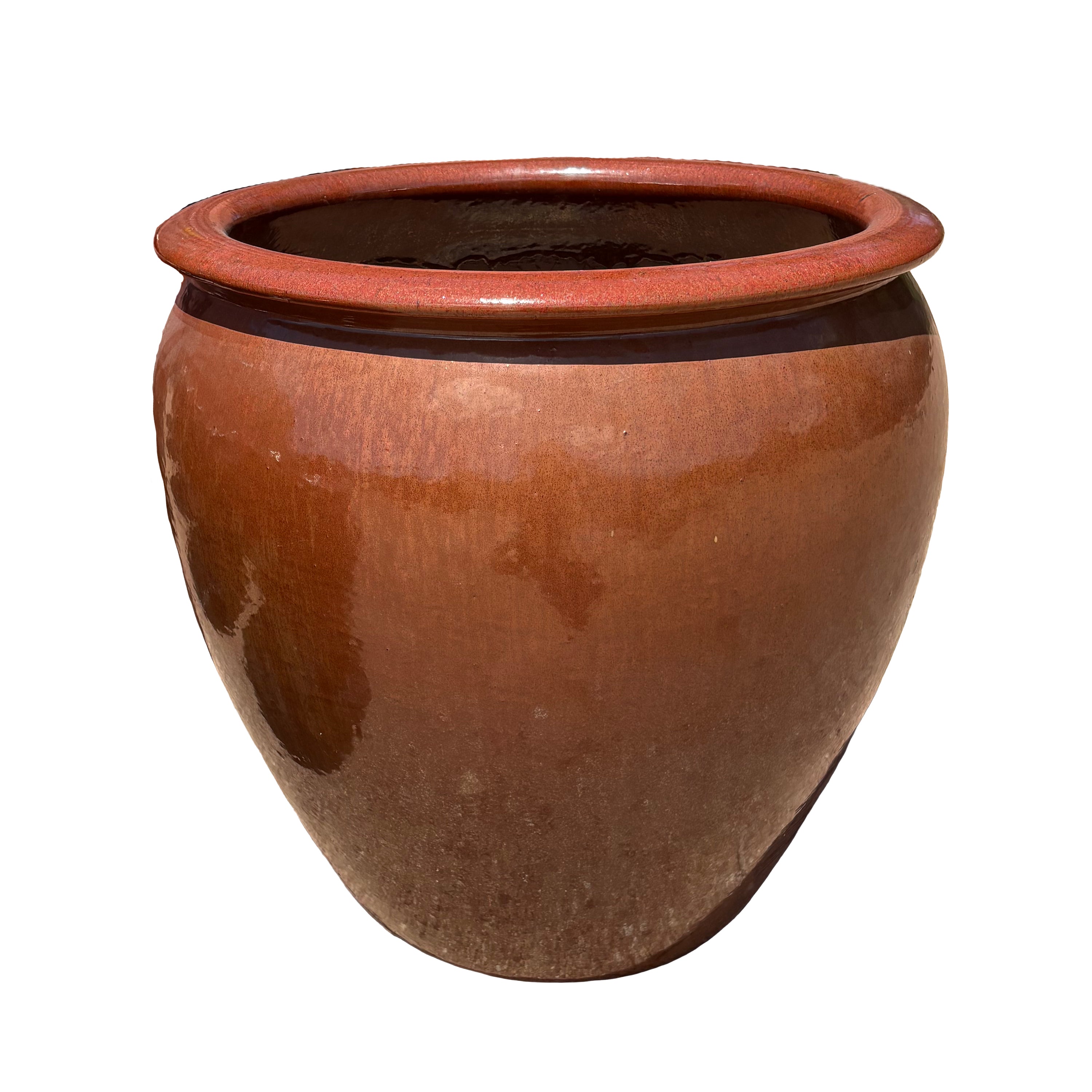 Round copper red ceramic jar planter, slightly angled view with handcrafted glazed finish and classic jar silhouette