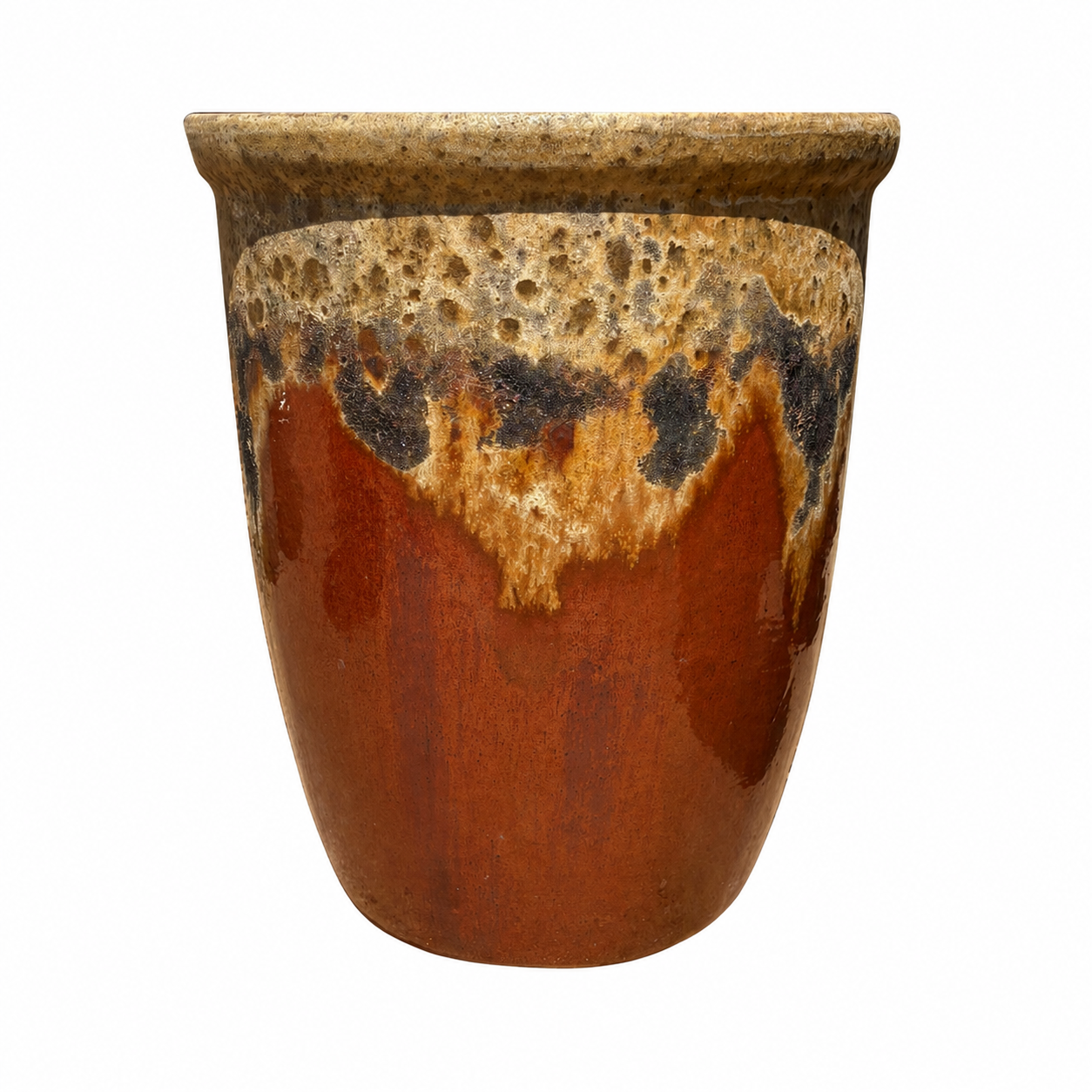 Front view of Angkor/Copper Cana ceramic pot with round tapered profile and handcrafted glaze