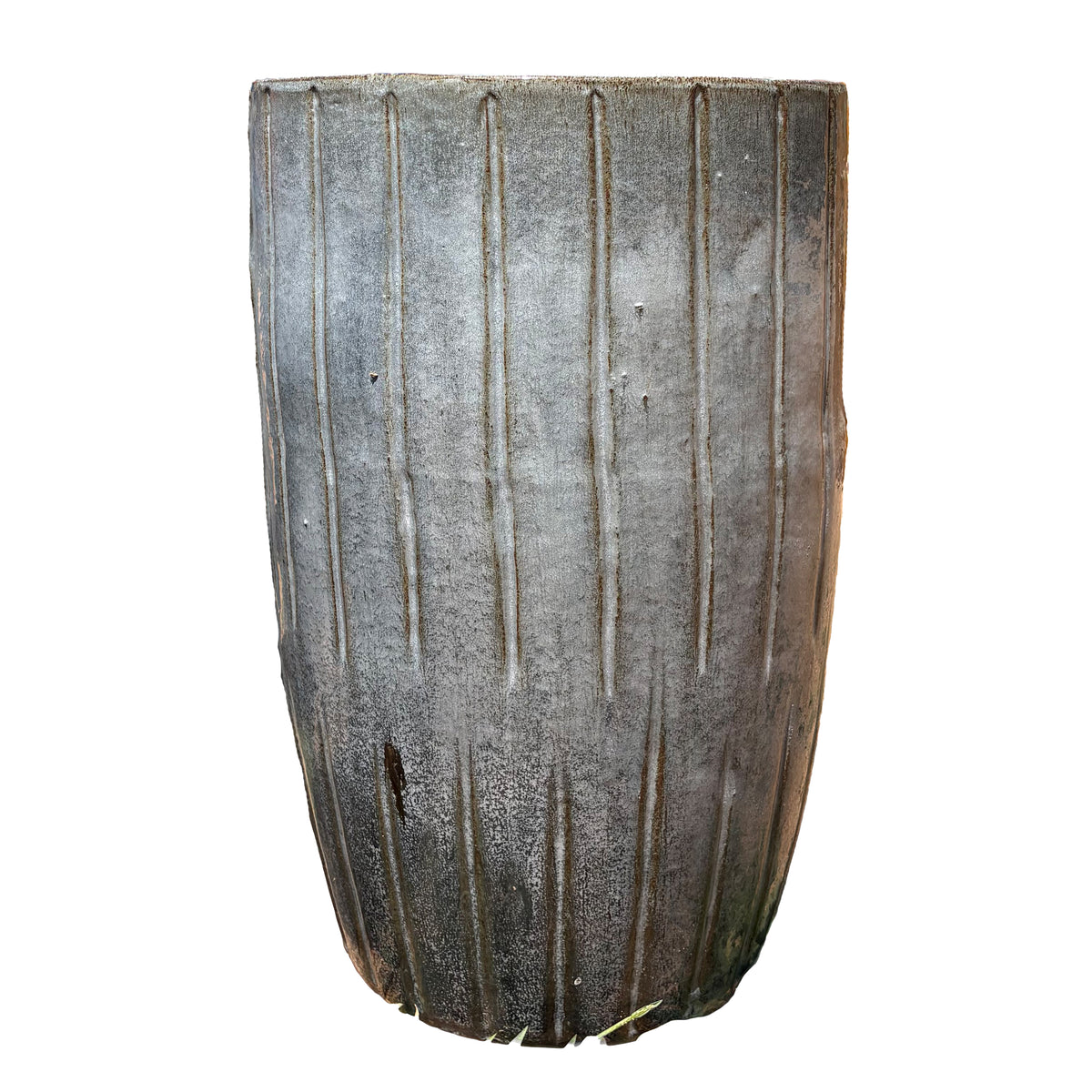 Front view of tall fluted grey ceramic planter with vertical ribbed texture and tapered profile