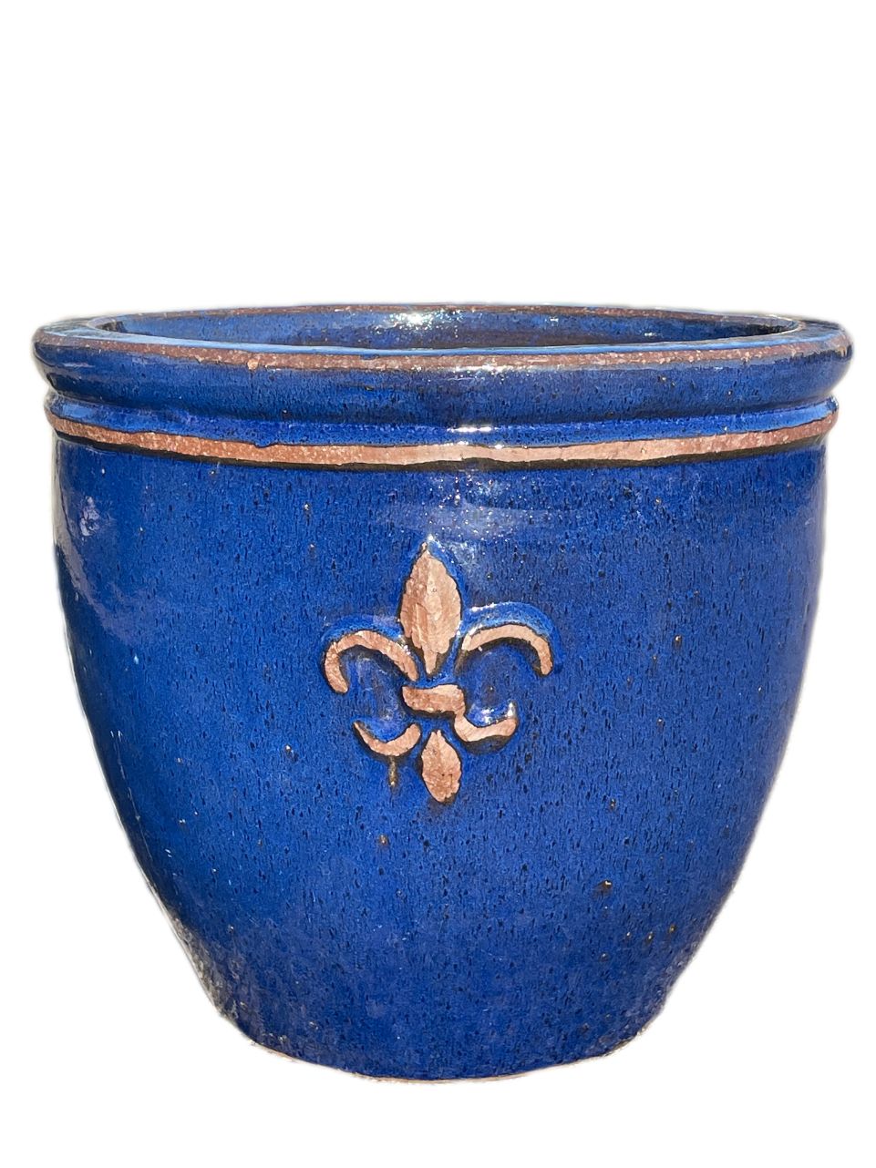 Antique Blue Fleur de Lis Double Rim Ceramic Planter
