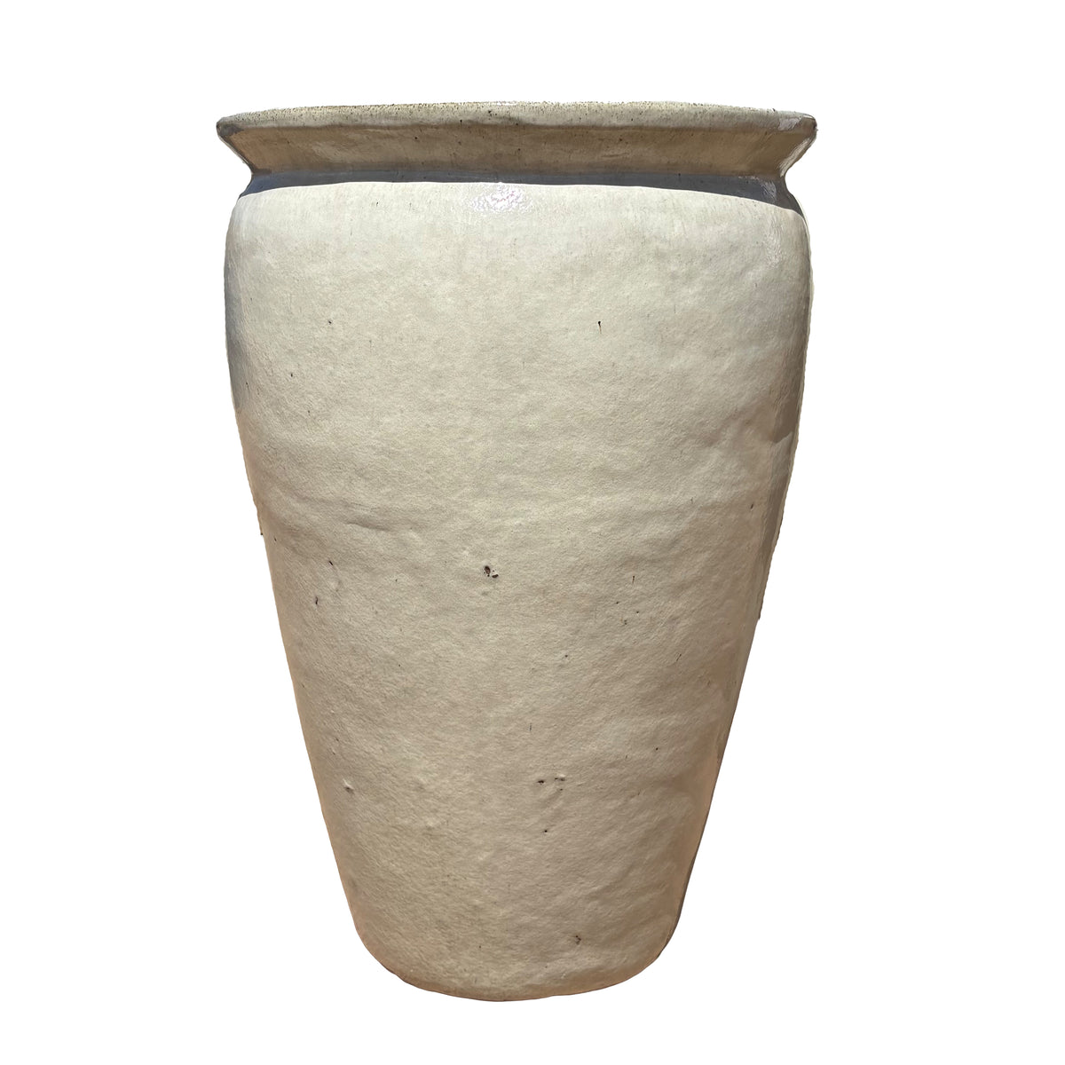 Front view of white tall round tapered ceramic planter with smooth tapered shape and glossy white glaze
