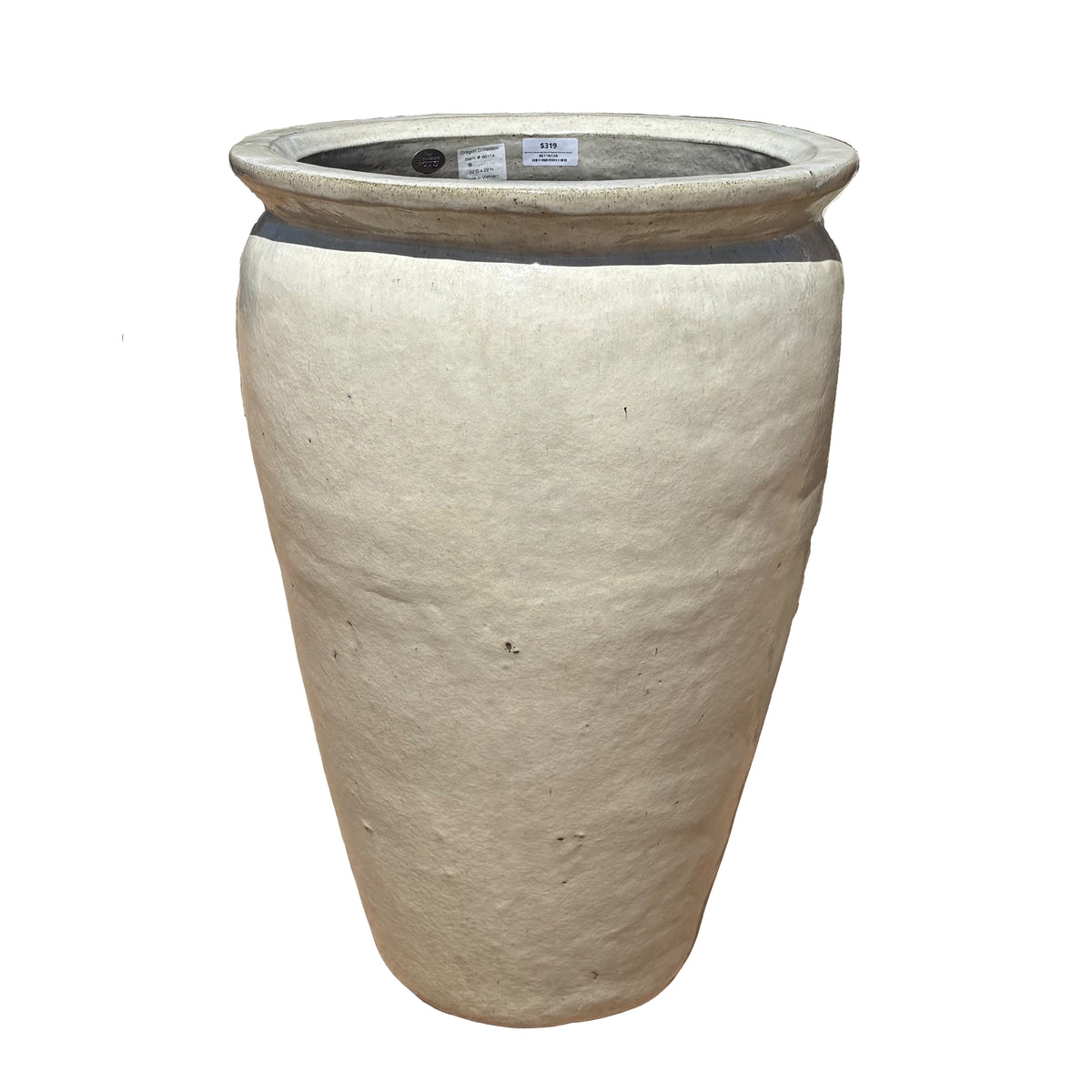 White tall round tapered ceramic planter, slightly angled view featuring a slender tapered profile and handcrafted glazed finish