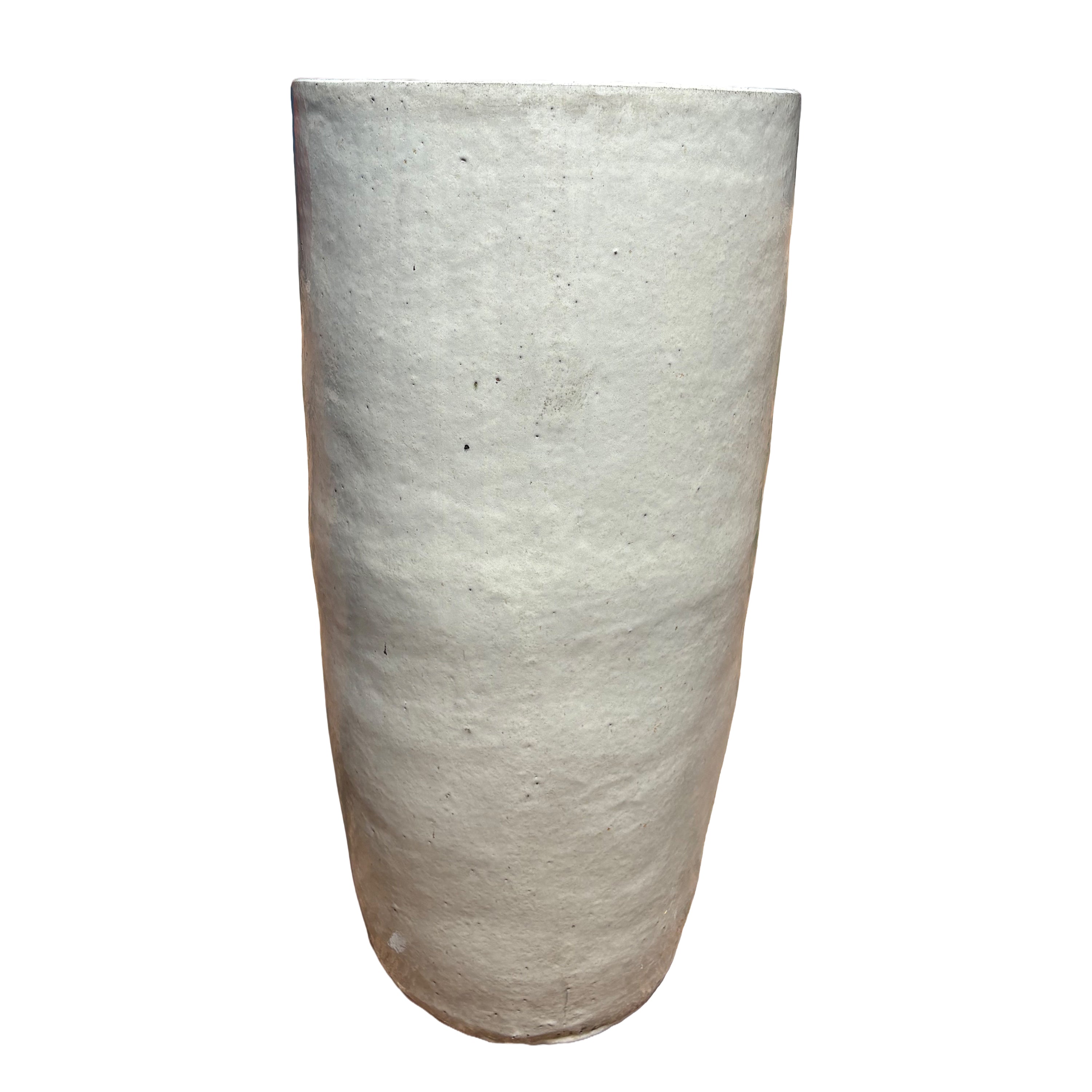 Front view of white round column ceramic planter with round column profile and handcrafted glaze
