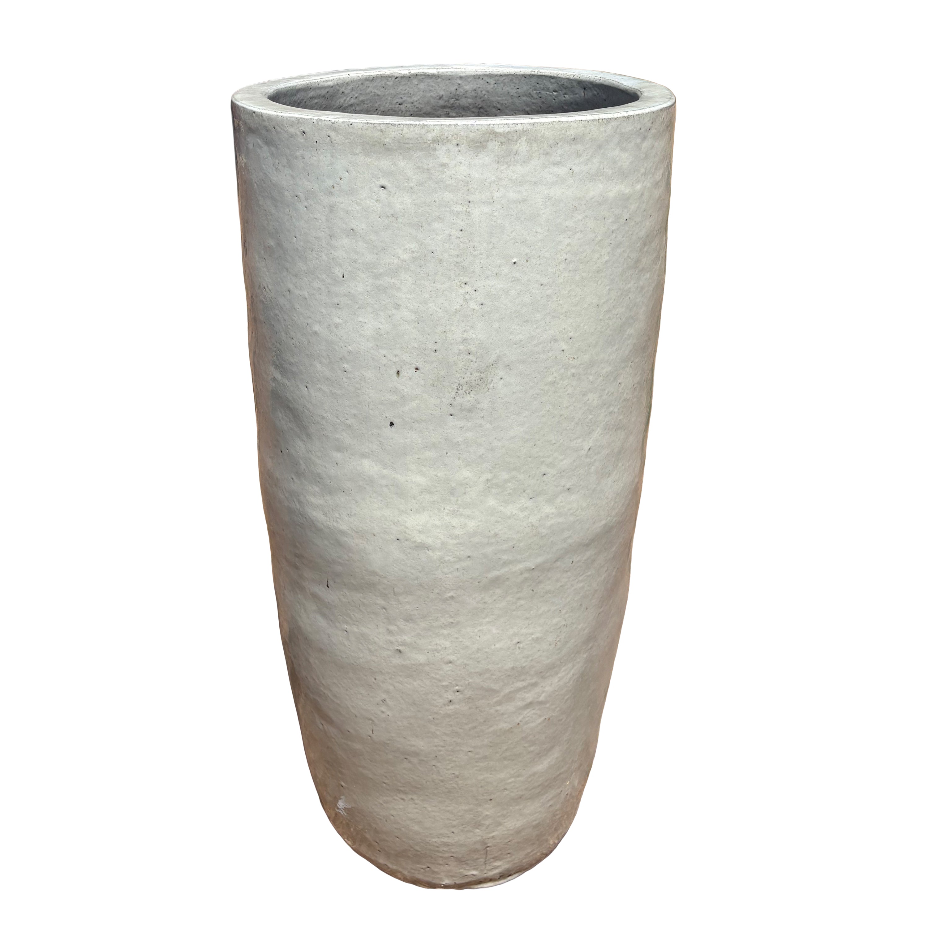 White round column ceramic planter, slightly angled view with tall cylindrical shape and handcrafted glazed finish