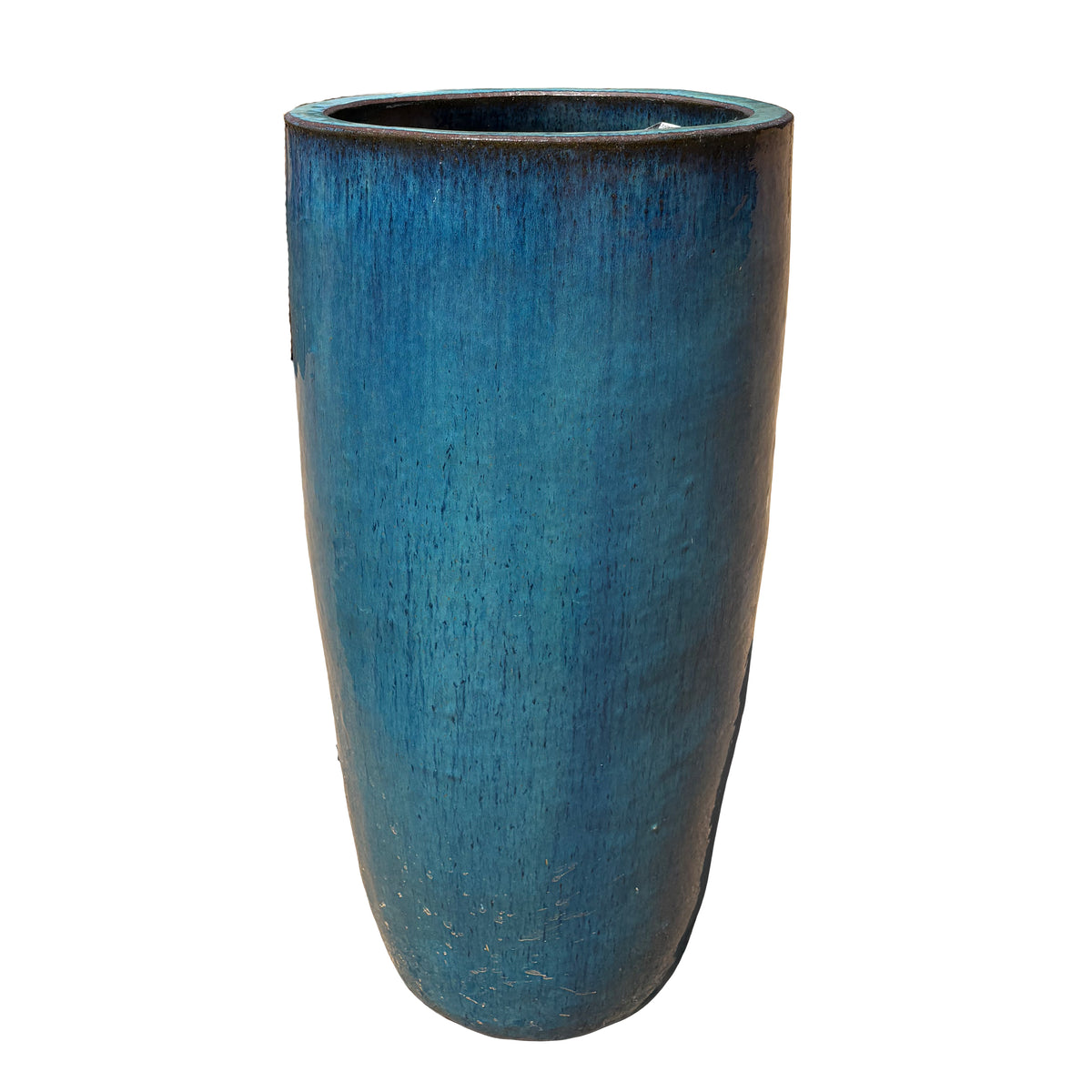 Marble Green round column ceramic planter, slightly angled view with tall cylindrical shape and handcrafted glazed finish