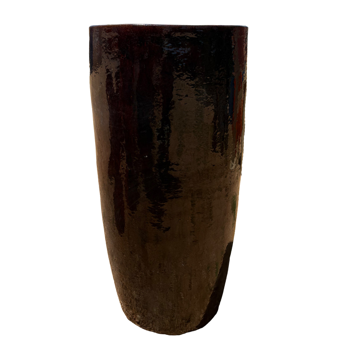 Front view of brown round column ceramic planter with round column profile and handcrafted glaze