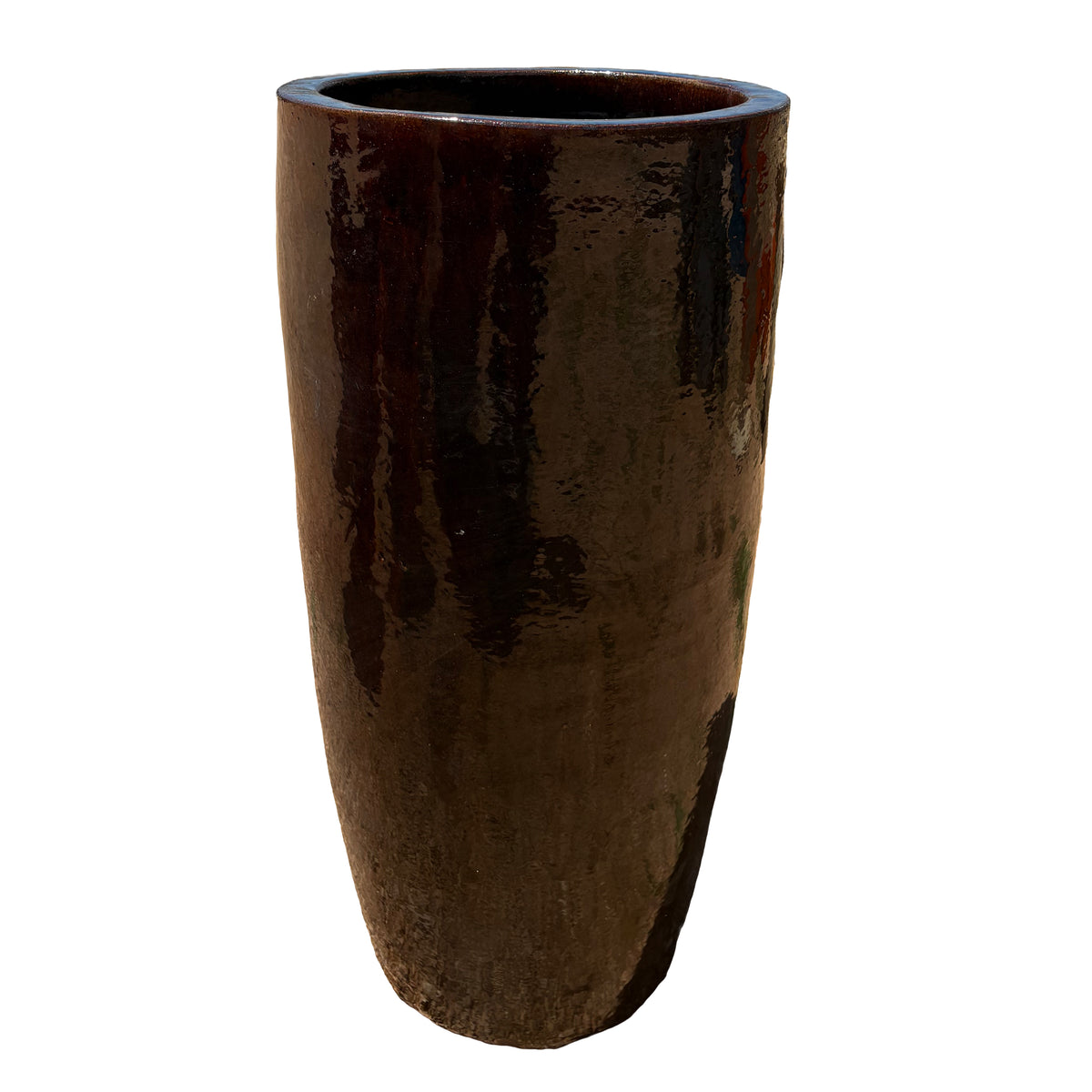 Brown round column ceramic planter, slightly angled view with tall cylindrical shape and handcrafted glazed finish