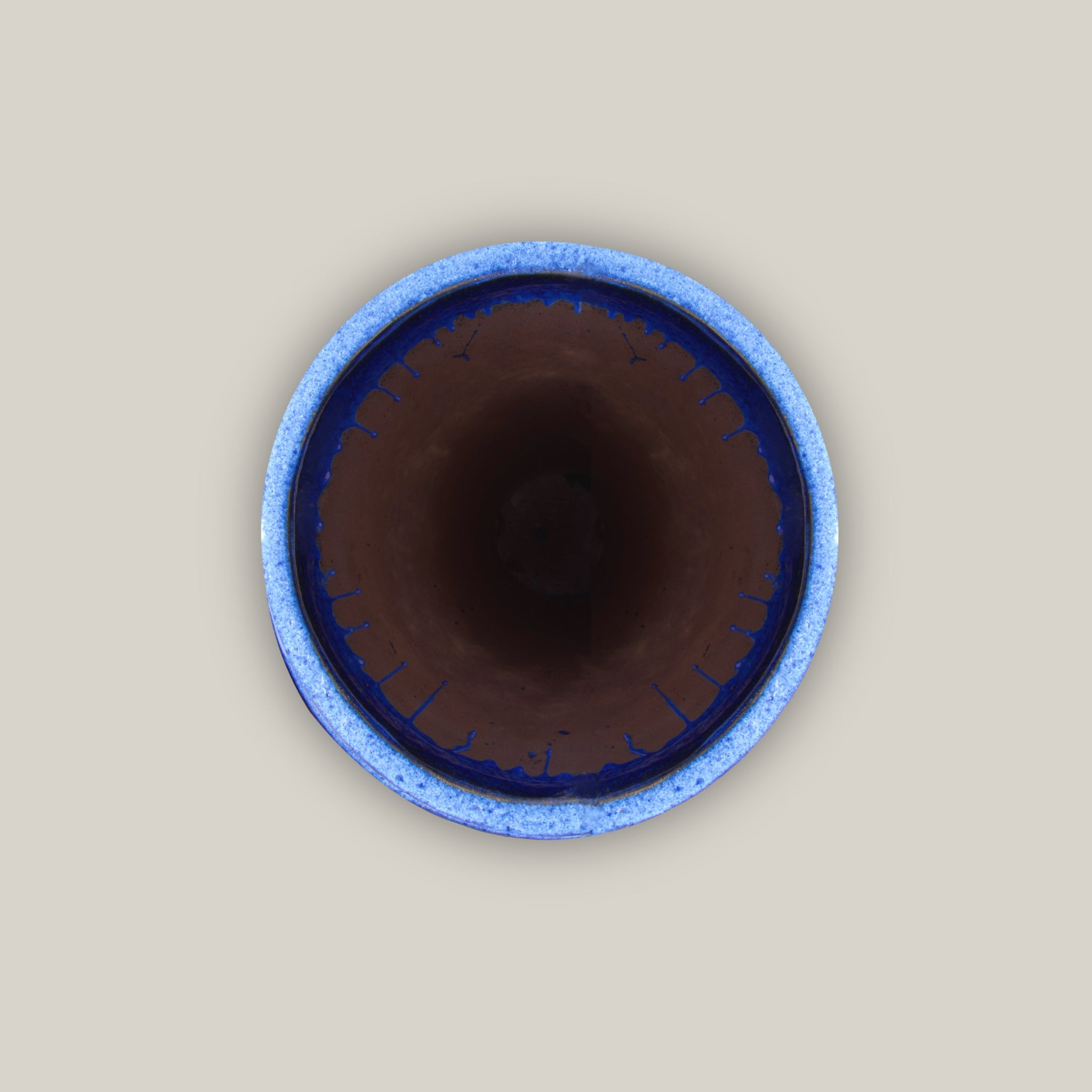 top view of Handmade ceramic cobalt blue plant pot with wide rim