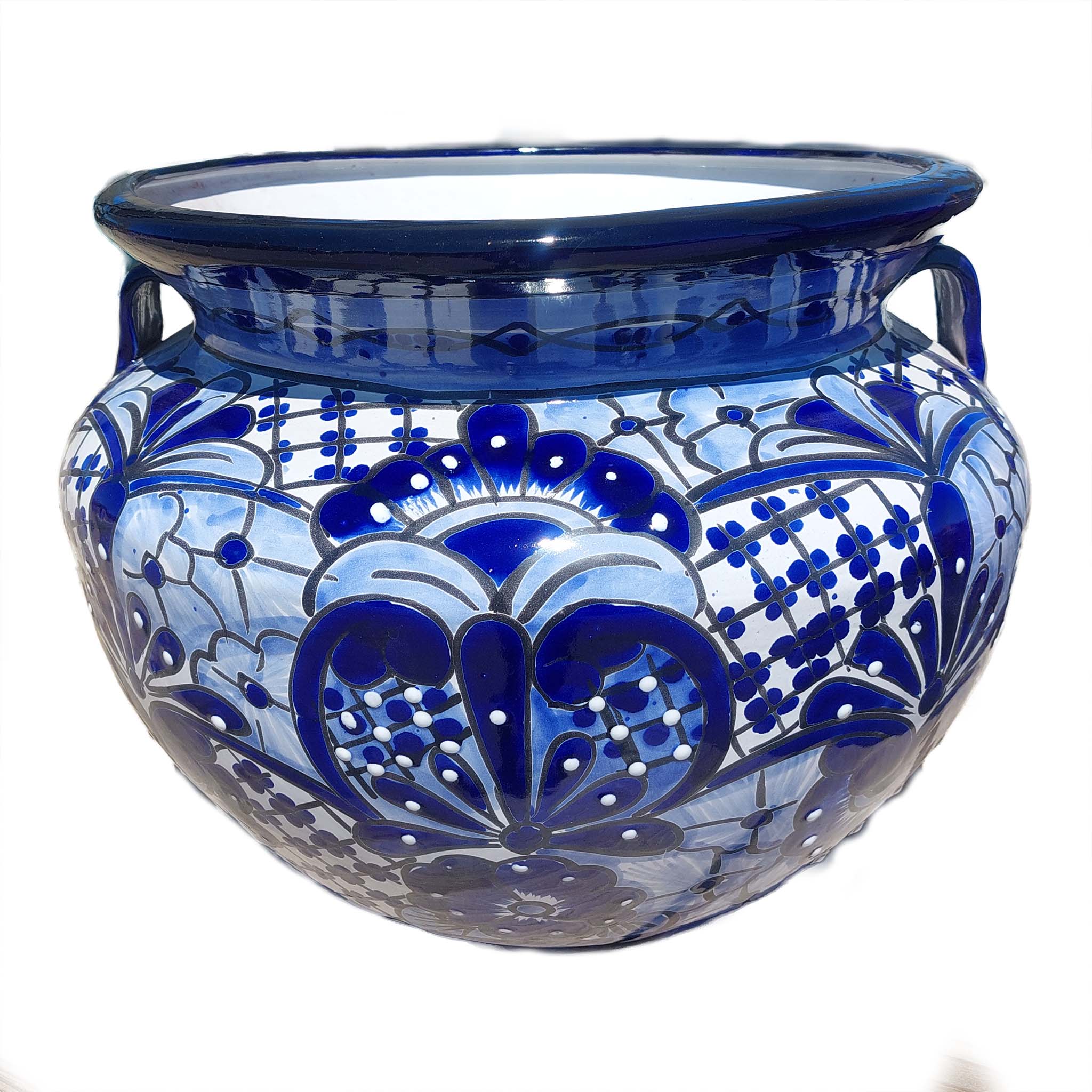 Handmade blue and white Mexican chata pot