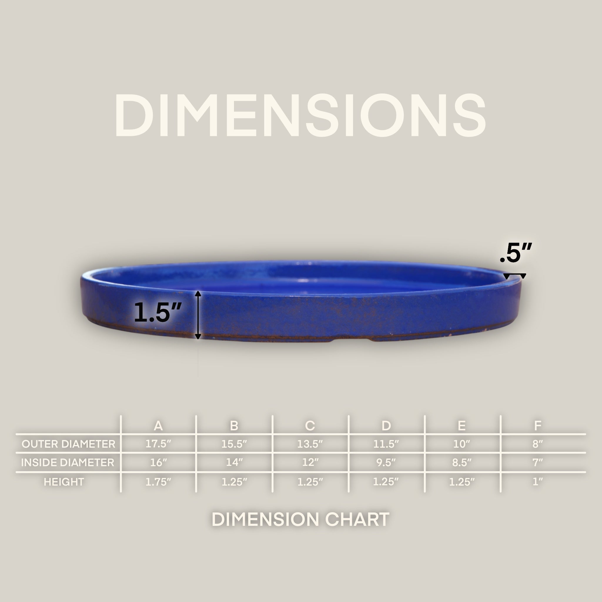 Blue Ceramic Planter Saucer with dimensions