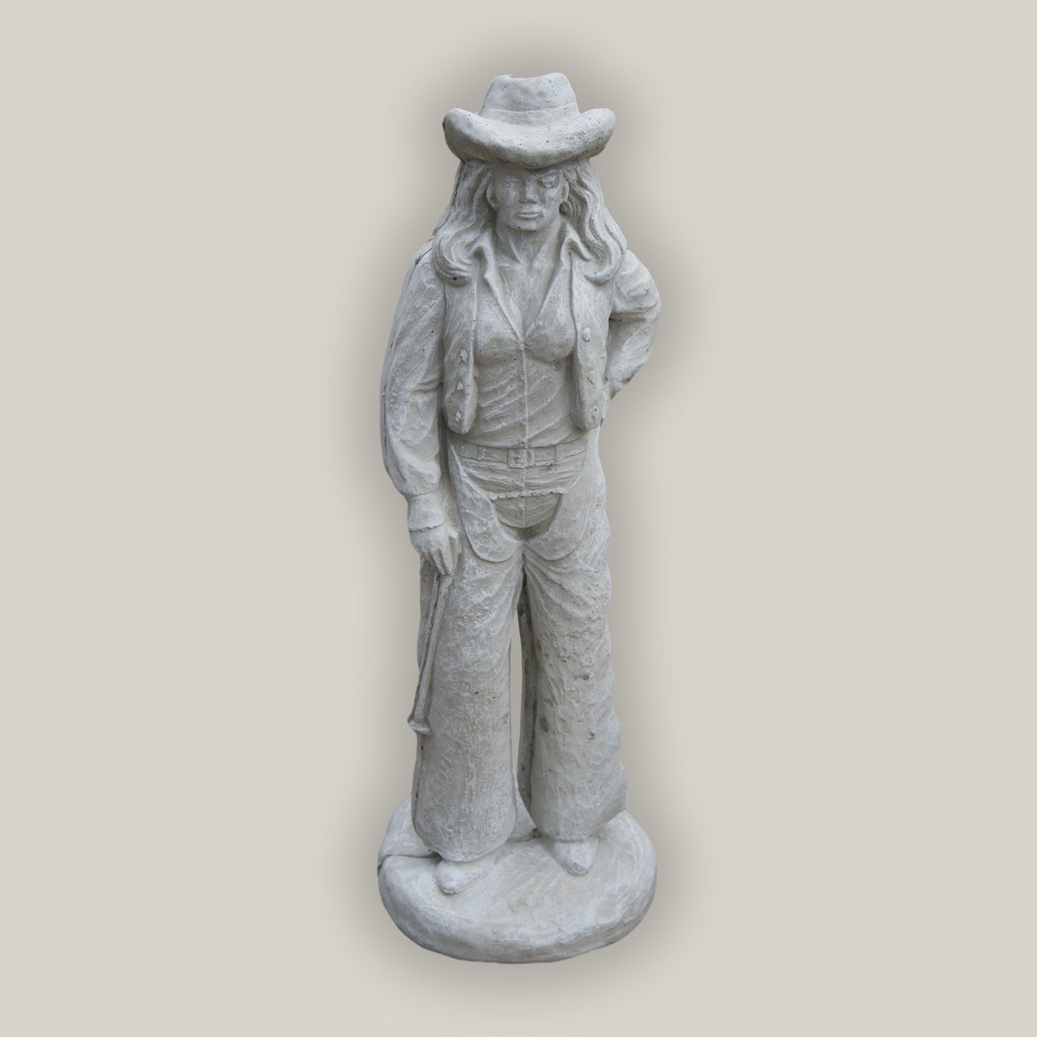 White Cowgirl Statue with detailed Western design