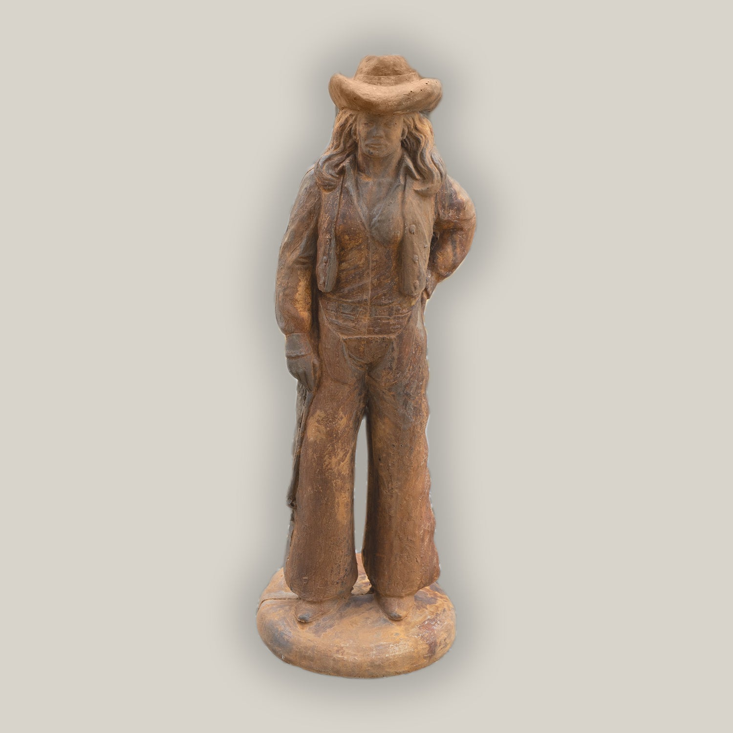 Front view of Rust Cowgirl Statue