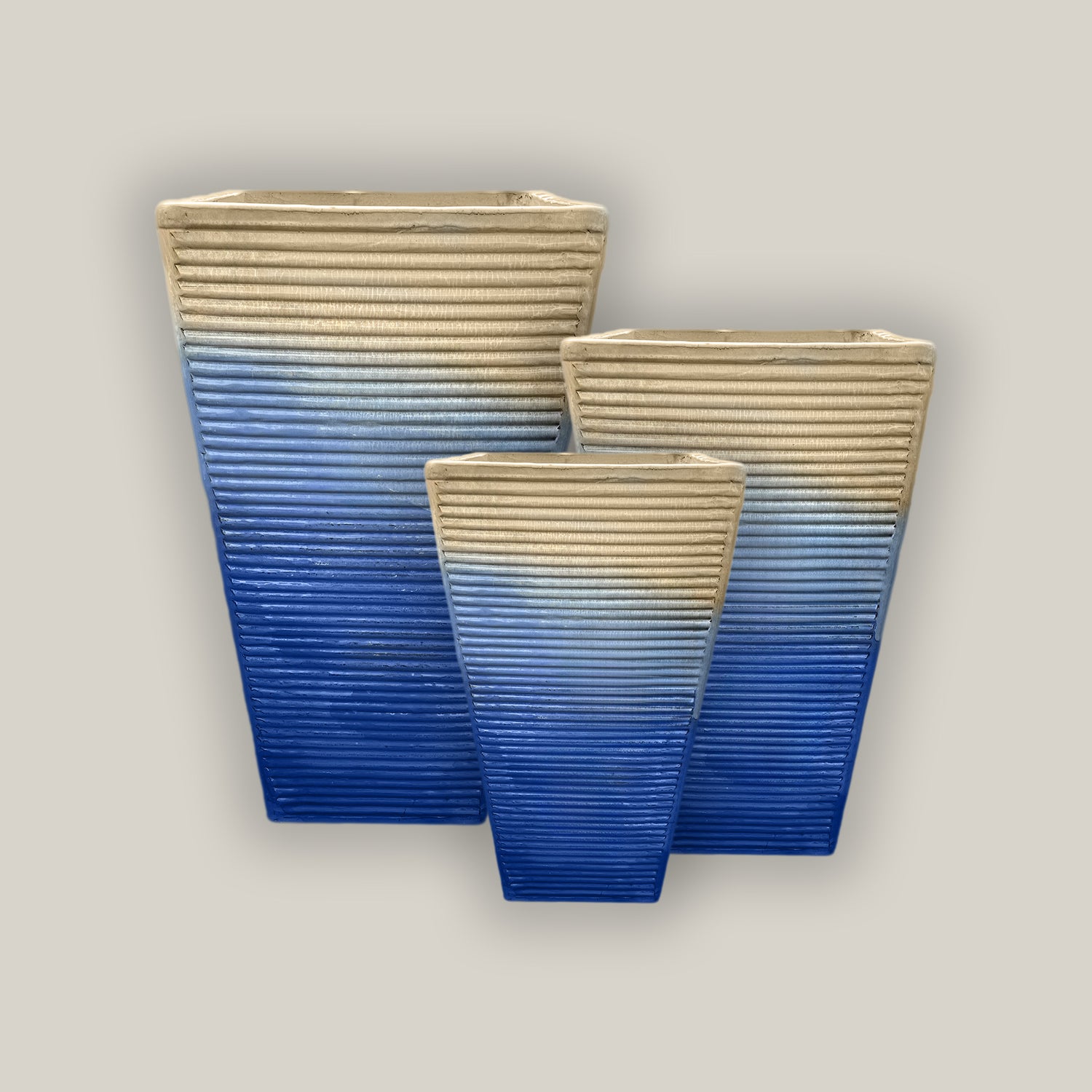 297M58 - Cream/Blue Horizontal Line Ceramic Square Planter