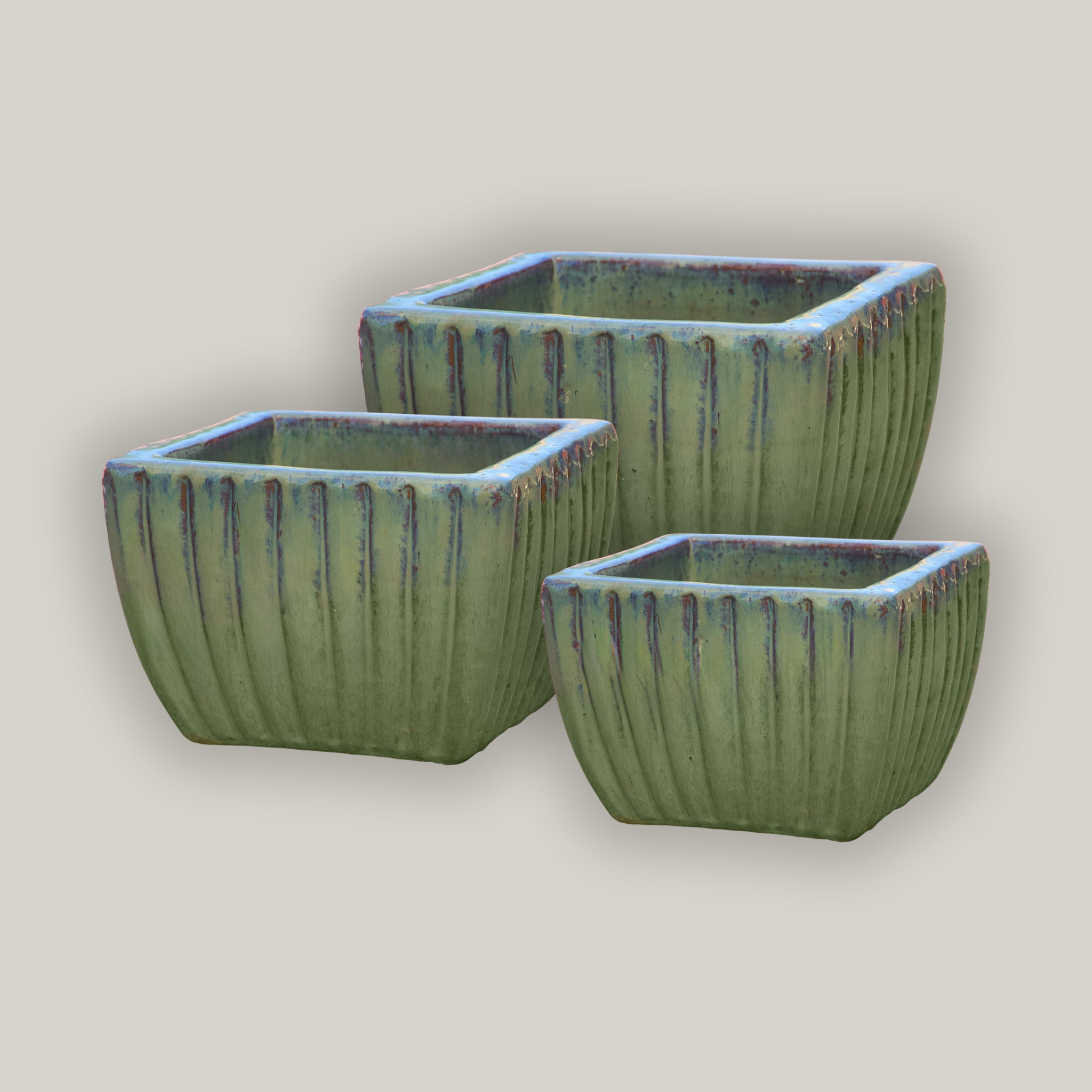 square planter pots Gray Green Tapered Square Ceramic Ribbed Planter