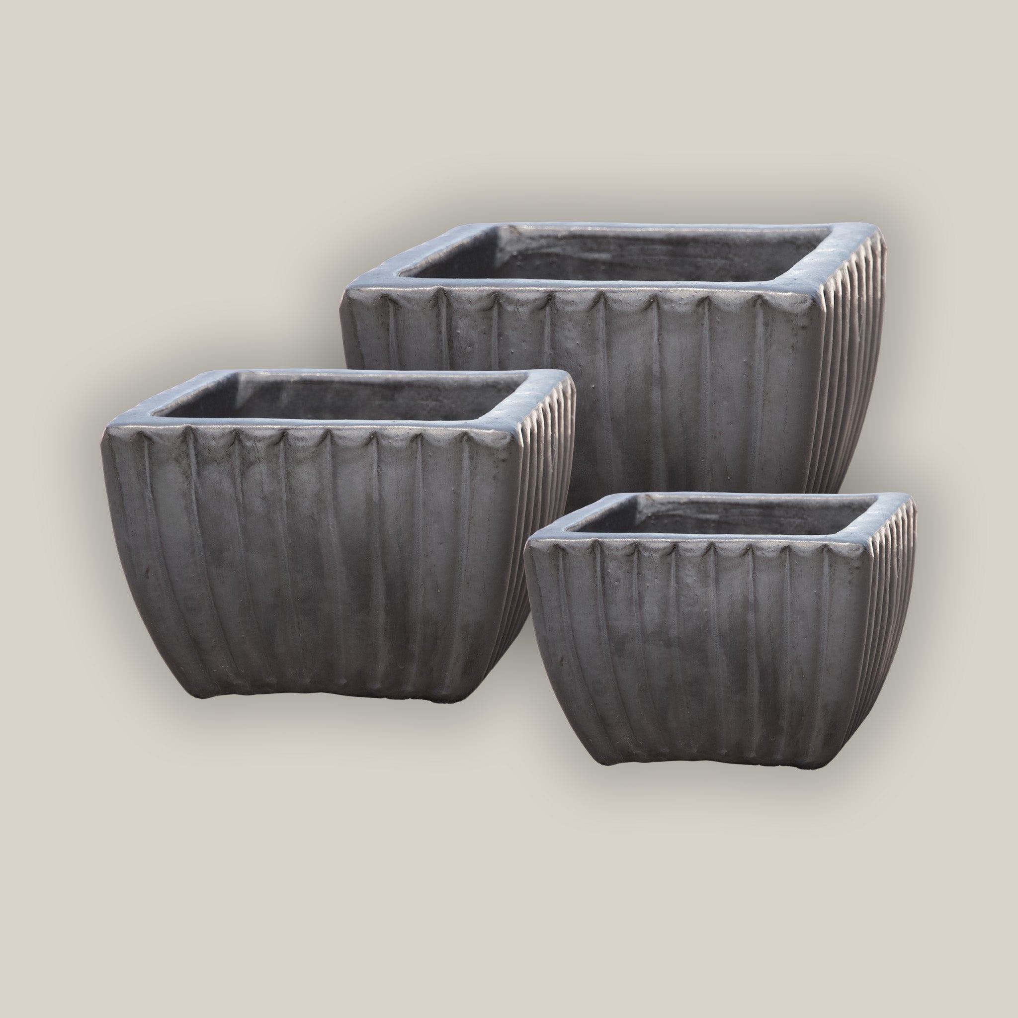9829C8 - Matte Black Tapered Square Ceramic Ribbed Planter - Low