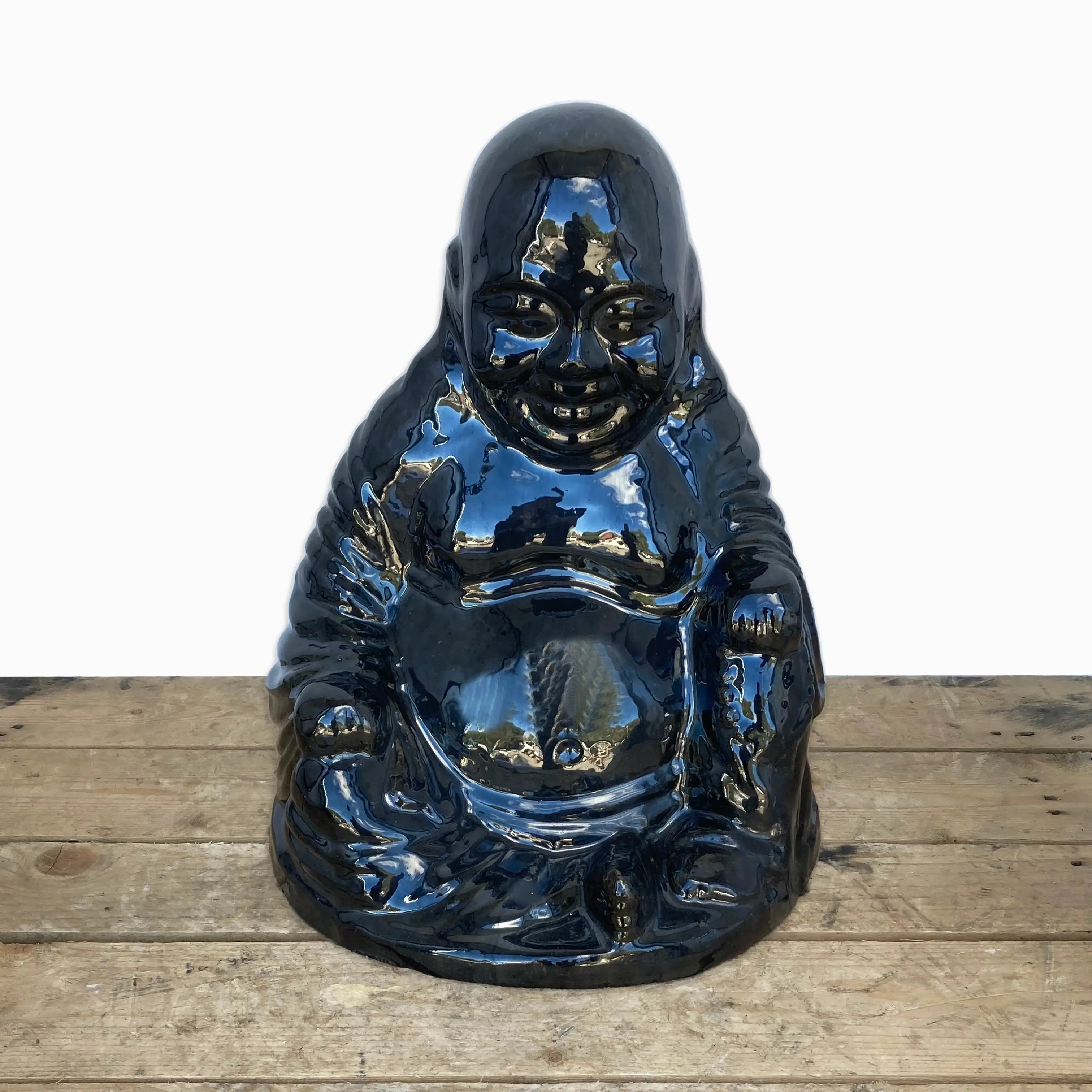 Shiny Black Ceramic Happy Buddha Statue | Ten Thousand Pots