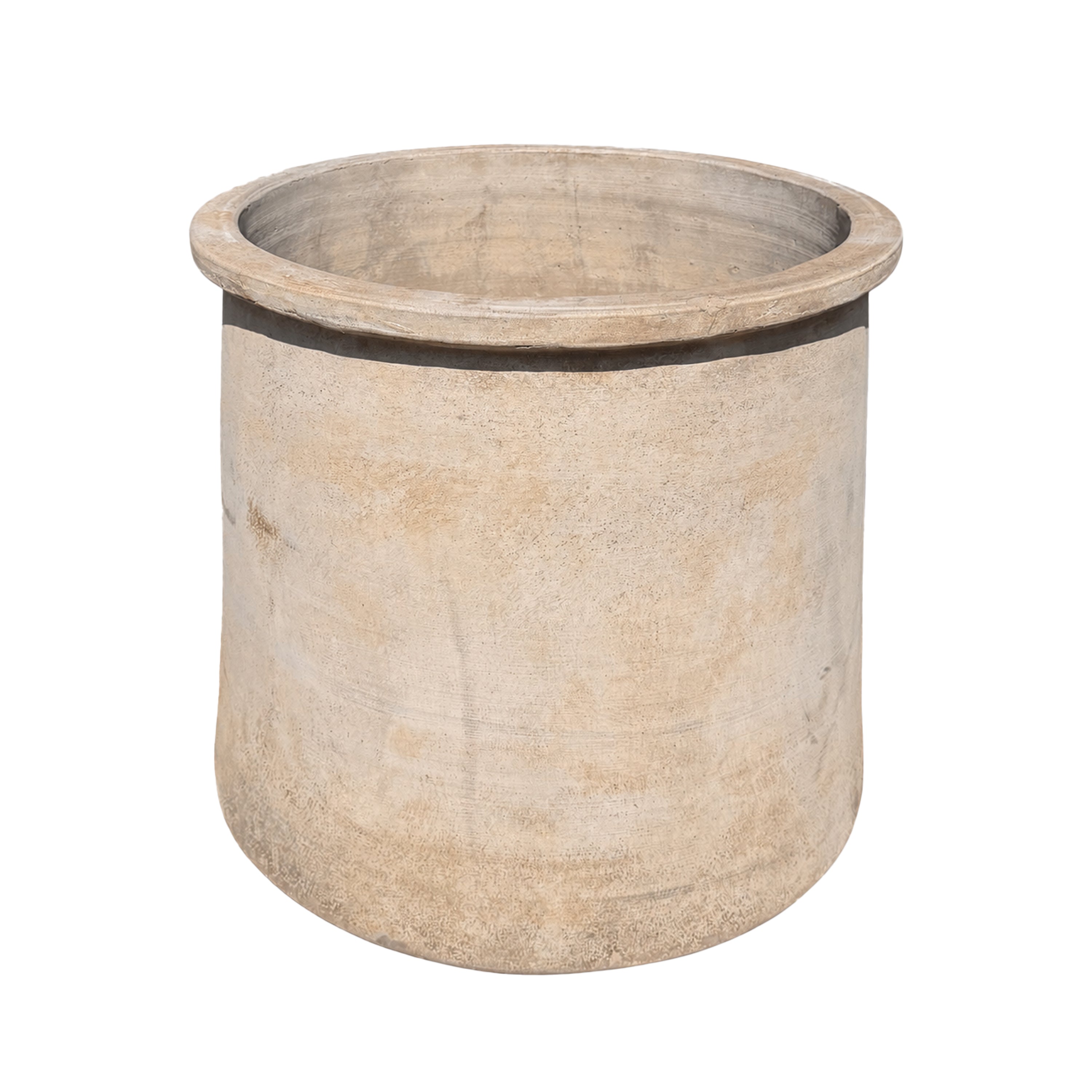 A rustic, cylindrical concrete planter pot with a wide flared rim, shown on a solid white background.