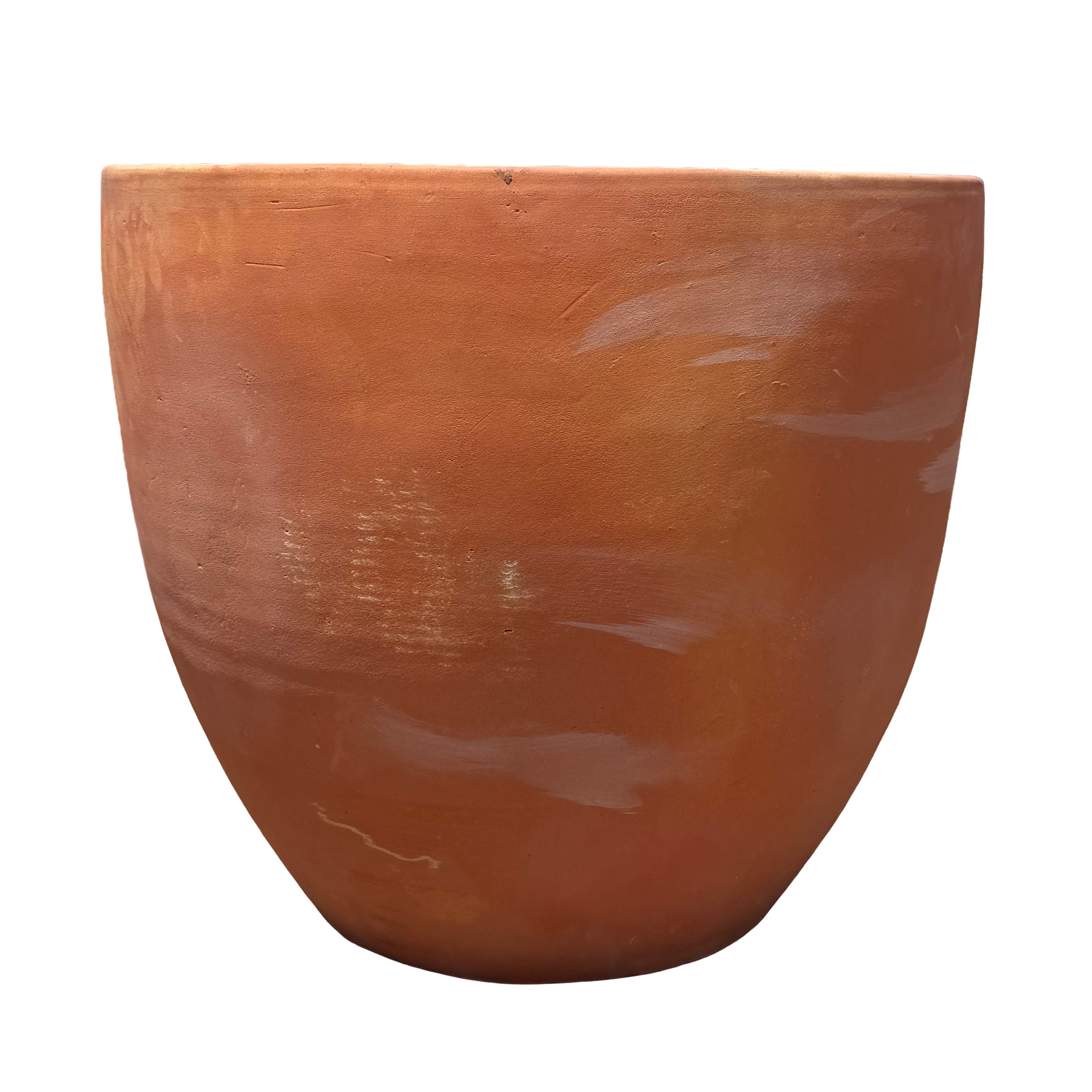 A large terracotta planter with a wide rim and a rounded, tapered base, shown against a plain white background.