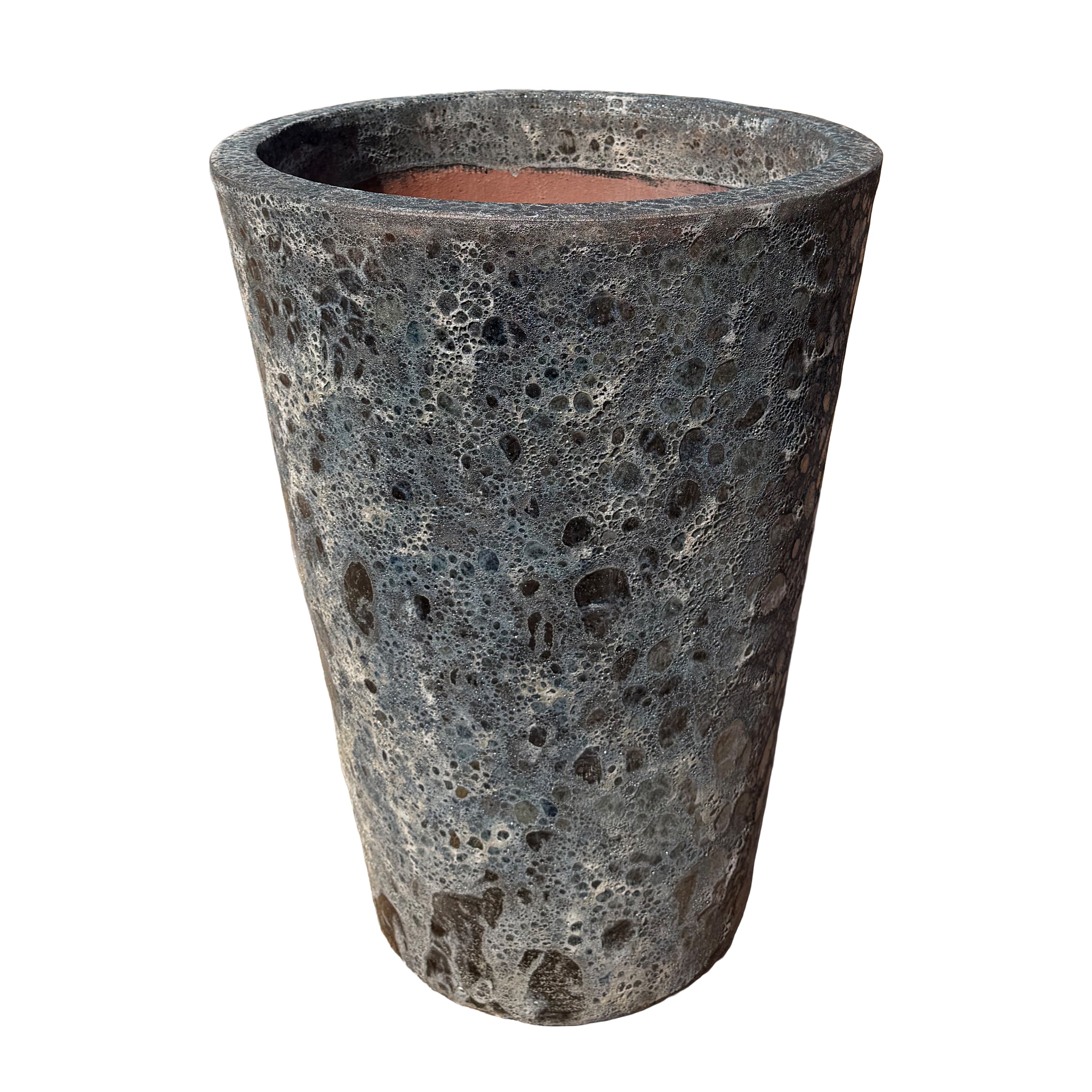 Slightly angled view of a tall, tapered planter with a highly textured, porous, and bubbled surface resembling volcanic rock, shown against a plain white background.