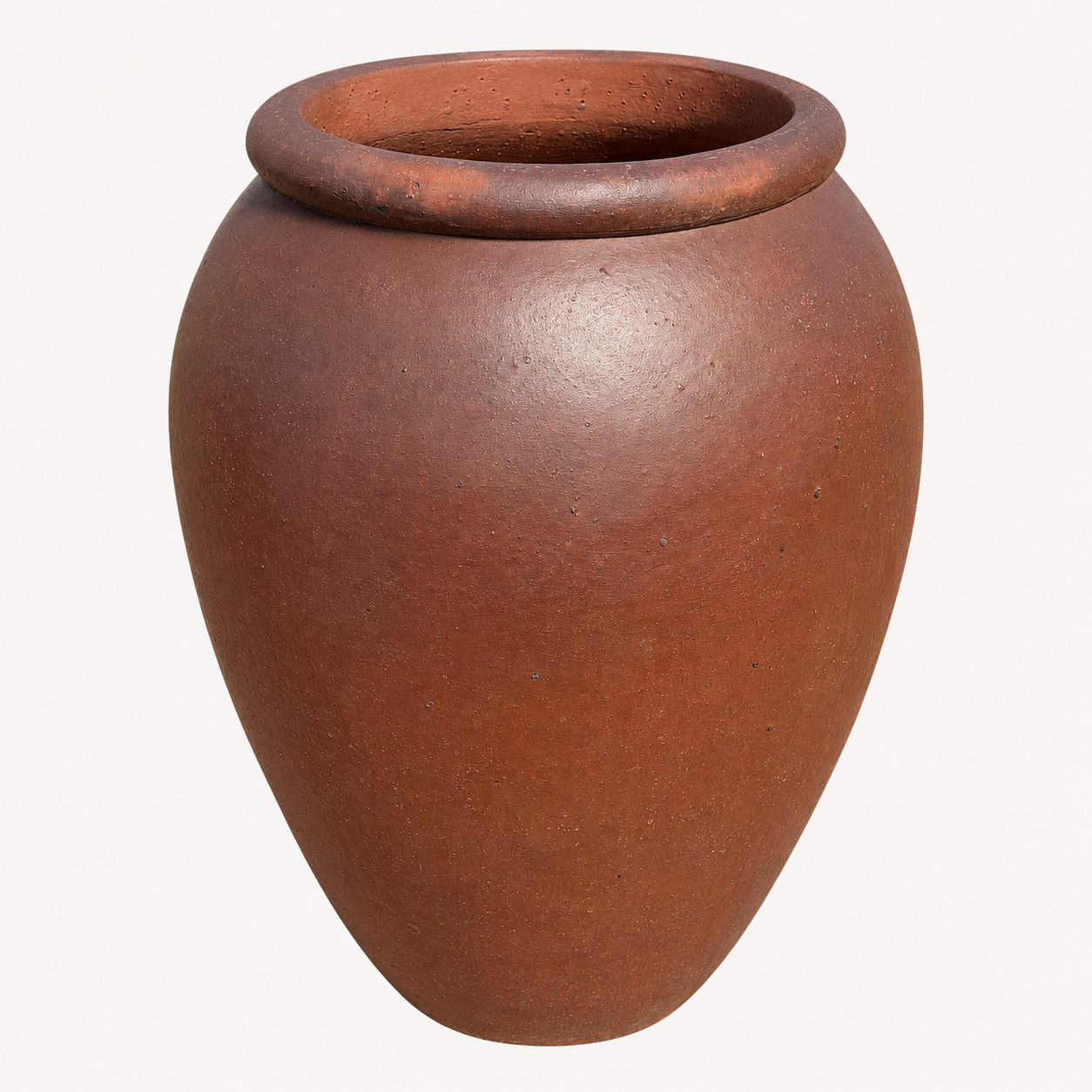 A rustic jar-shaped planter with a wide, slightly flared rim, shown against a plain off-white background.