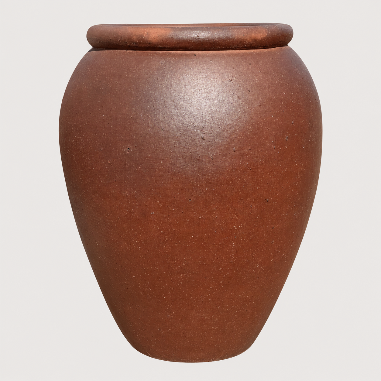 A large, brown jar-shaped pot with a wide rim, shown against a plain light gray background.
