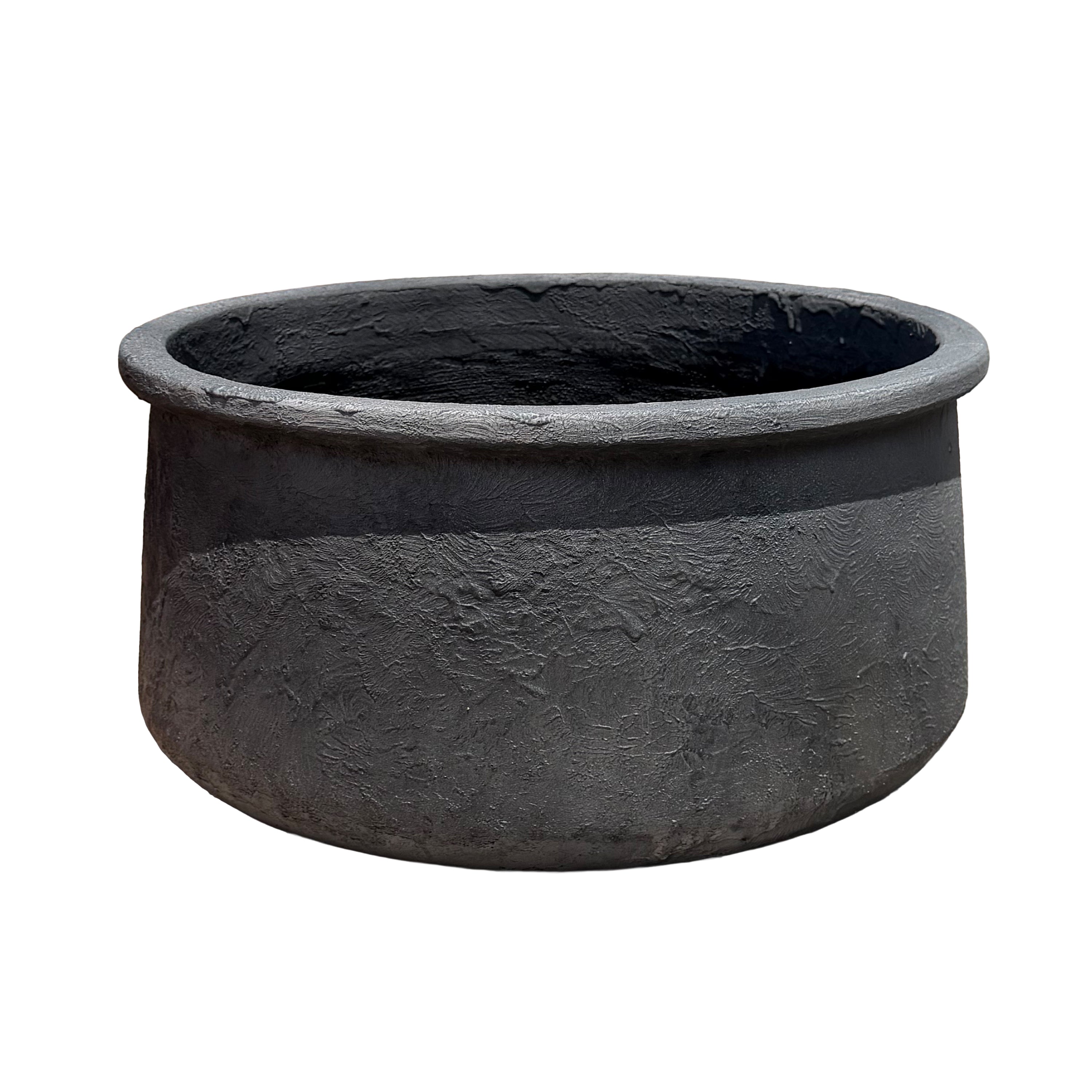 A large round planter with a textured gray finish, shown against a plain white background.