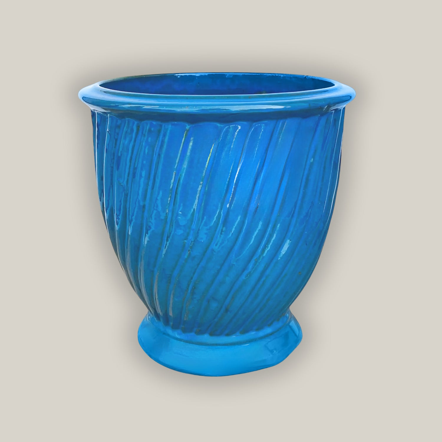 Sky blue ceramic urn planter with ridged glazed finish