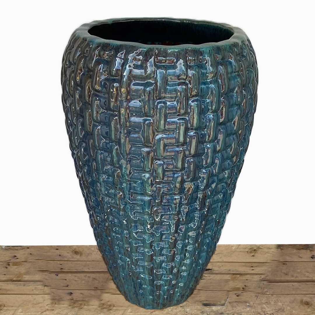 Aqua Tall Ceramic Woven Planter - FREE SHIPPING