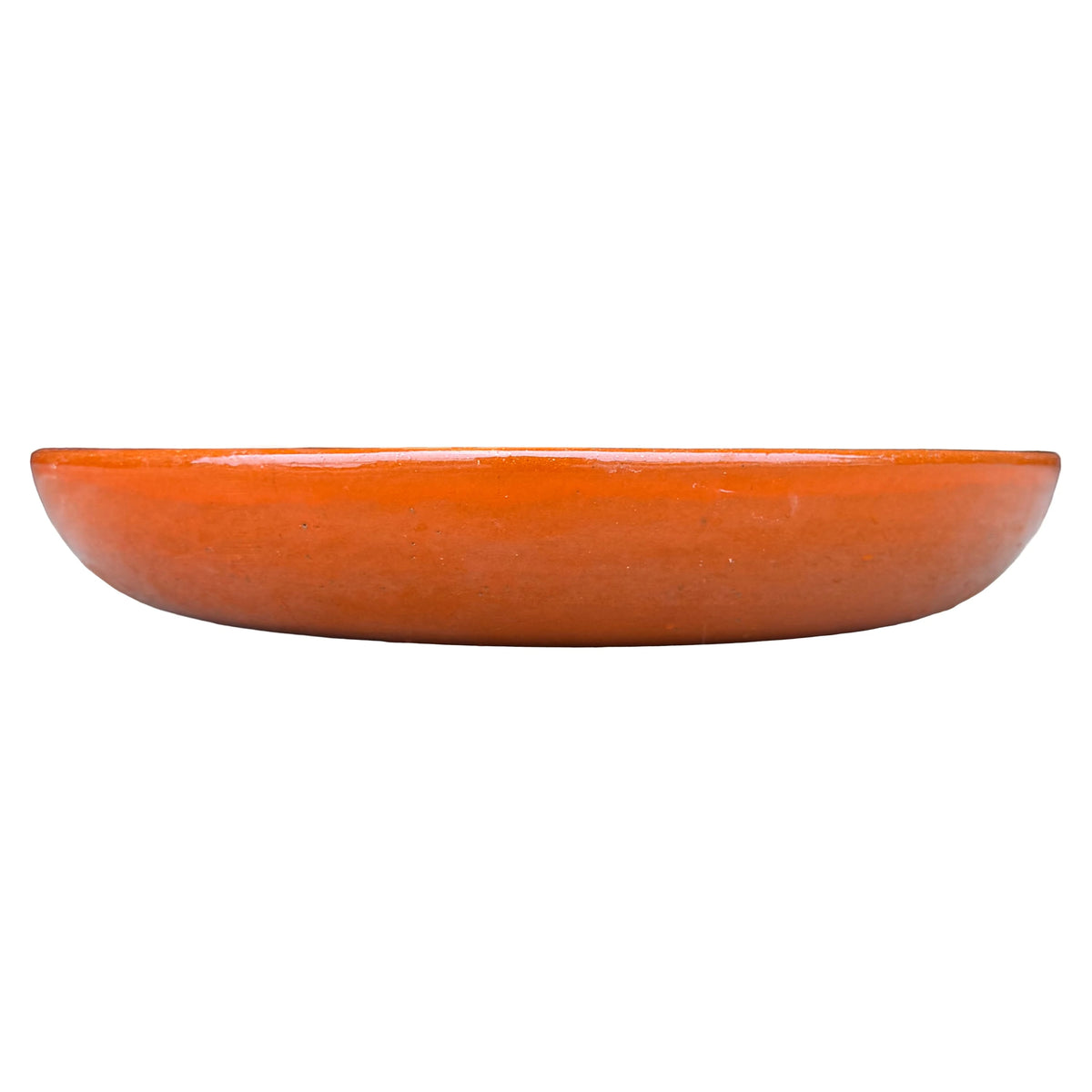 Front view of a shallow atomic orange ceramic succulent bowl, showing a low rounded silhouette in a solid bright orange glaze