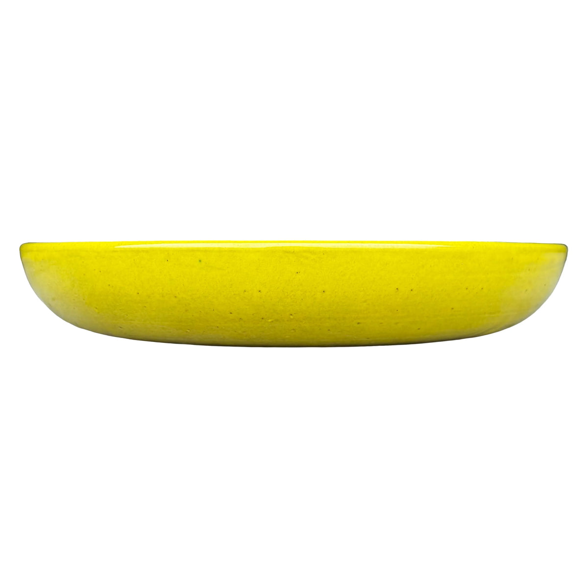 Side view of a shallow, rounded atomic yellow ceramic succulent bowl in a vivid sunny-yellow glaze with fine dark speckles