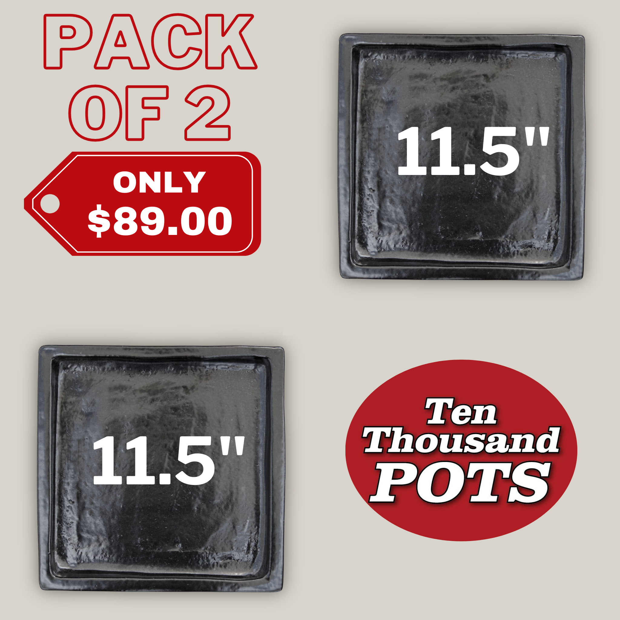 3127L1FS - Square | Black Ceramic Plant Saucer | High Fired Ecofriendly Clay - Sizes 8"-15" - FREE SHIPPING