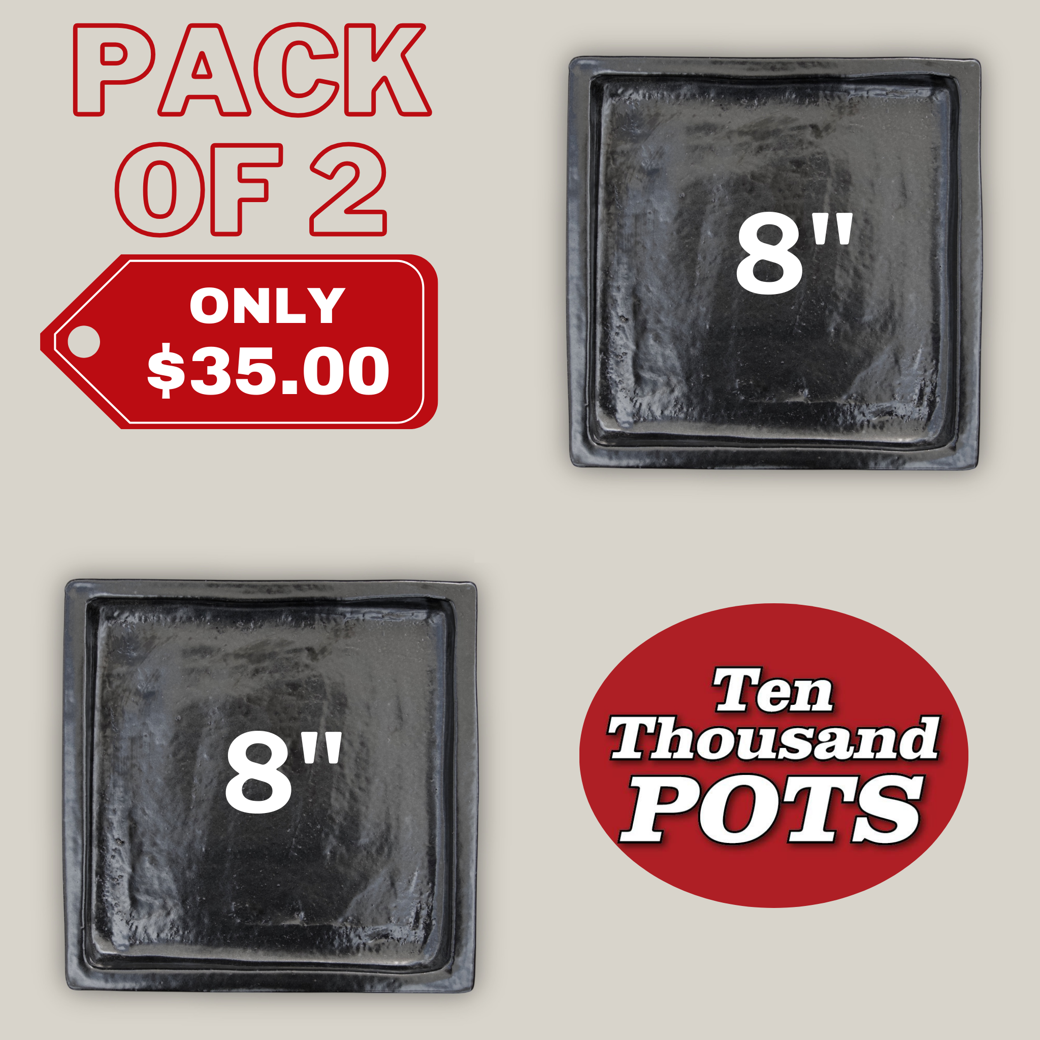 3127L1FS - Square | Black Ceramic Plant Saucer | High Fired Ecofriendly Clay - Sizes 8"-15" - FREE SHIPPING