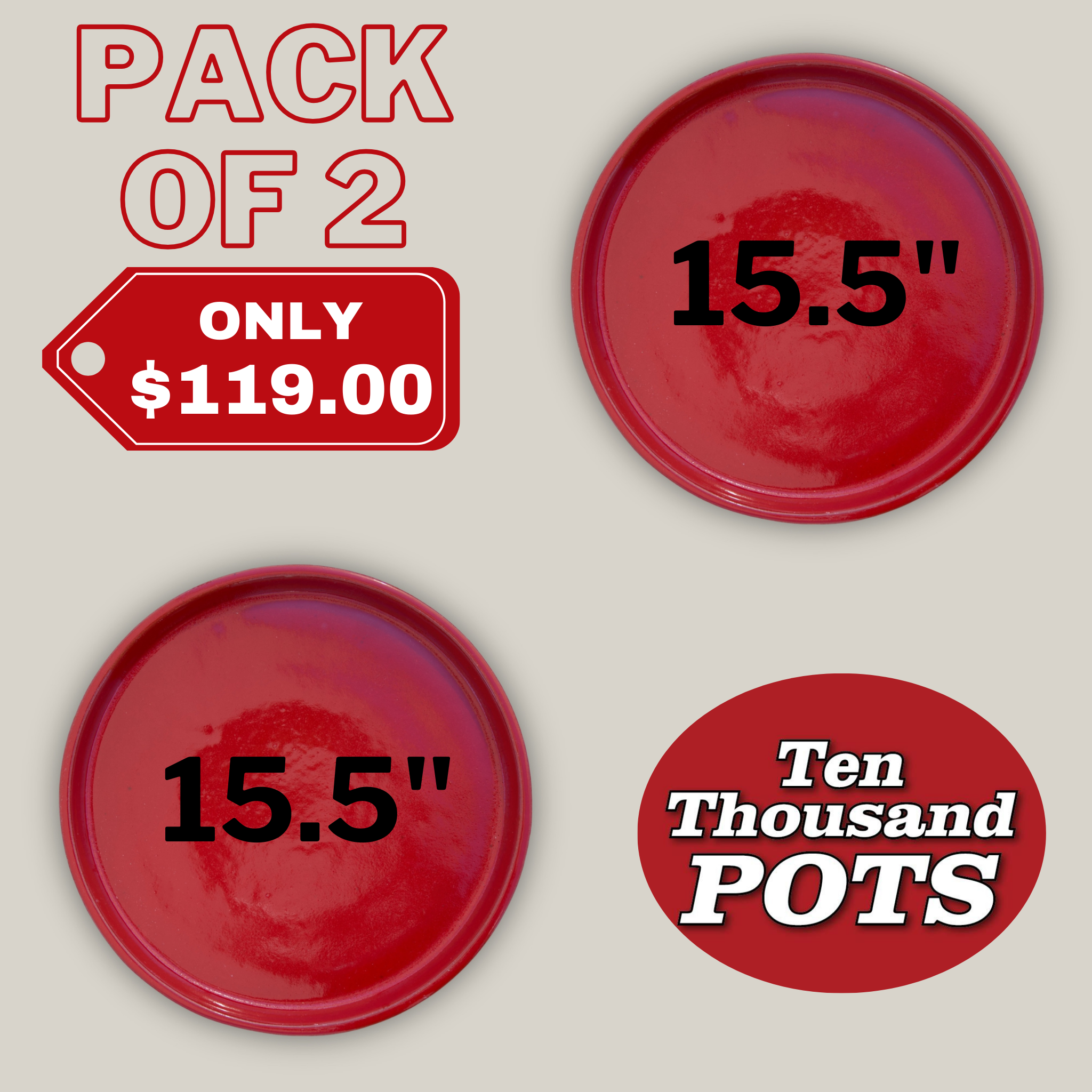3125L14FS - Round | Bright Red Ceramic Plant Saucer | High Fired Ecofriendly Clay - Sizes 8"-19.5"