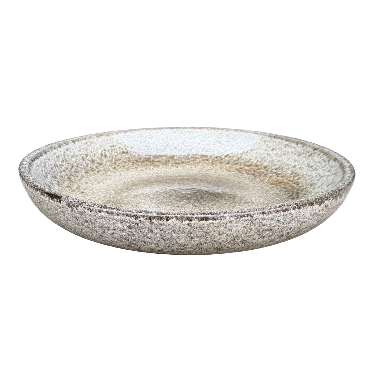 Speckle Black ceramic bird bath bowl, slightly angled from above to reveal its glossy taupe basin and speckled black outer wall.