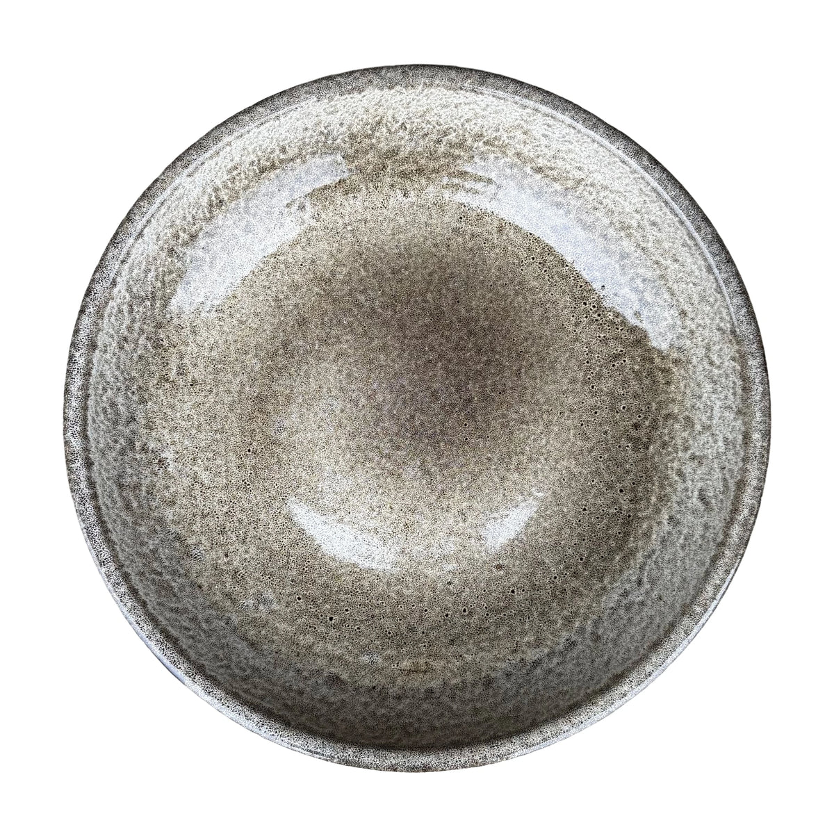 Top-down view of a Speckle Black ceramic bird bath bowl, showing a glossy taupe basin surrounded by dense dark speckles near the rim.